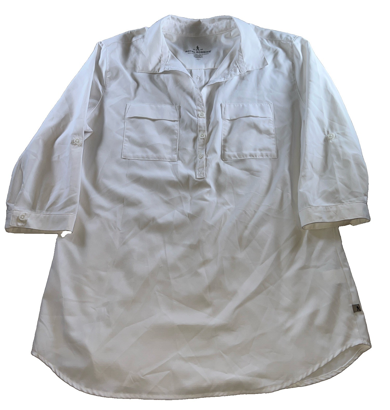 Royal Robbins Shirt Size Large 3/4 Roll Tab Snap Front Hiking Hidden Back Pocket