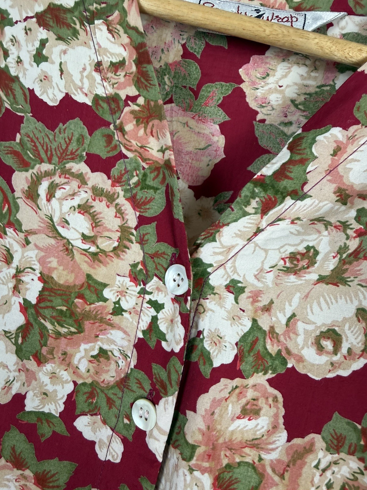 Vintage 80s Size M 8-12 Red Floral Long Sleeve Blouse Body Wrap