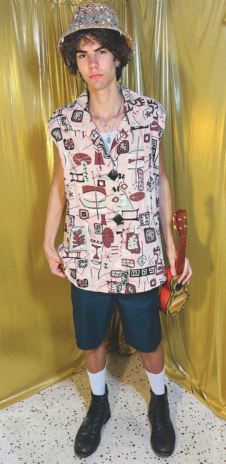 Vtg PAINTED PONY Cotton TIKI Beach Sleeveless Shirt ATOMIC Mid Century Print XL