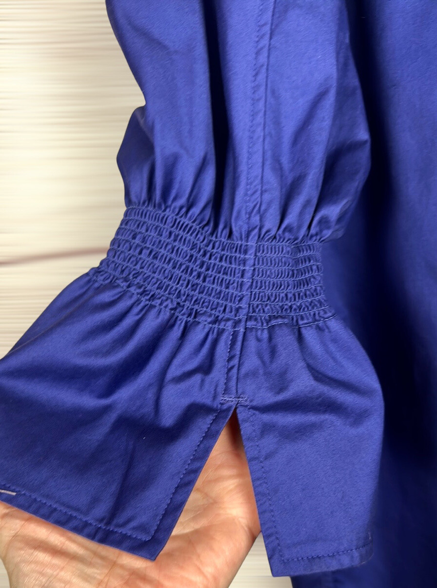COS Royal Blue Cotton Sateen Blouse Oversized Top Smocked Bell Sleeves US 2