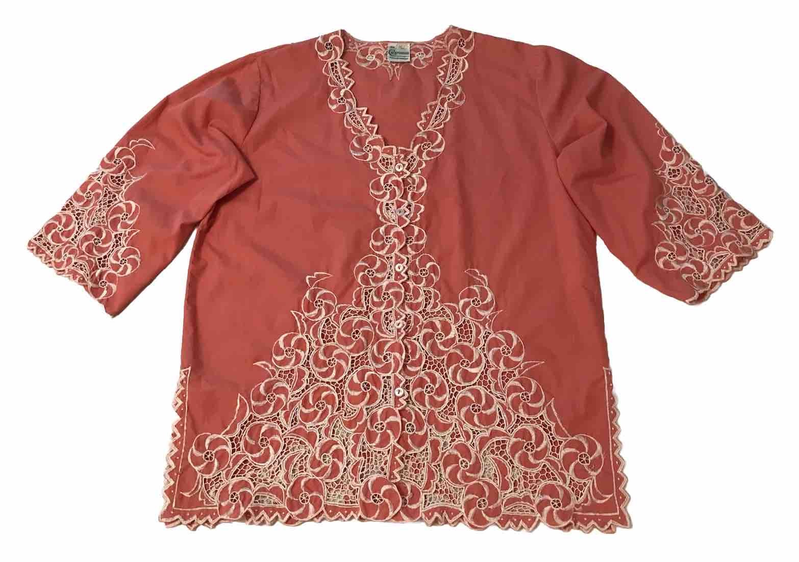Caro Of Honolulu Womens Sz 10 Medium Embroidered Button Up Tunic Top Boho Orange