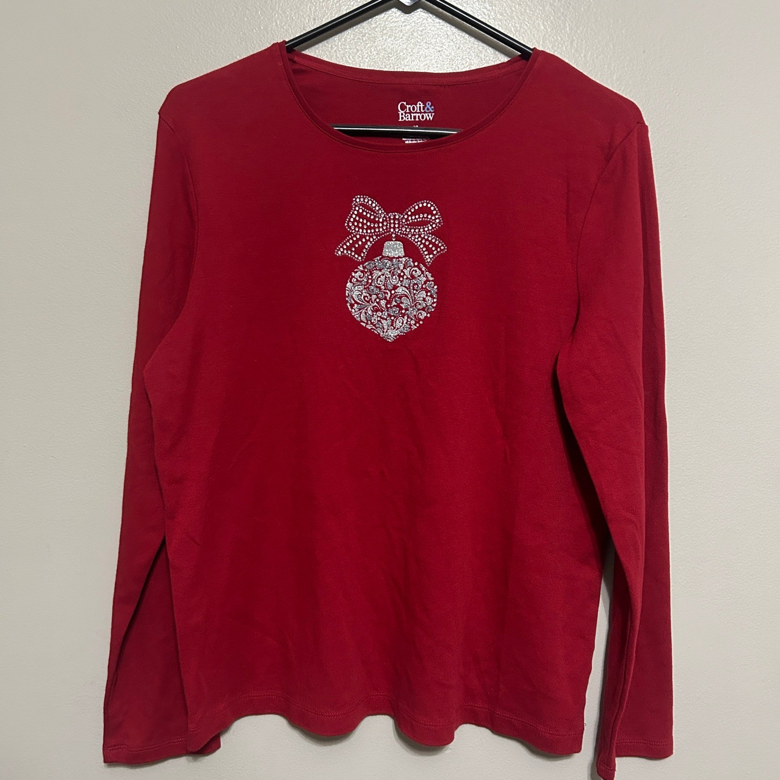 Croft & Barrow Christmas Shirt Women XL Red Rhinestone Ornament Festive Party
