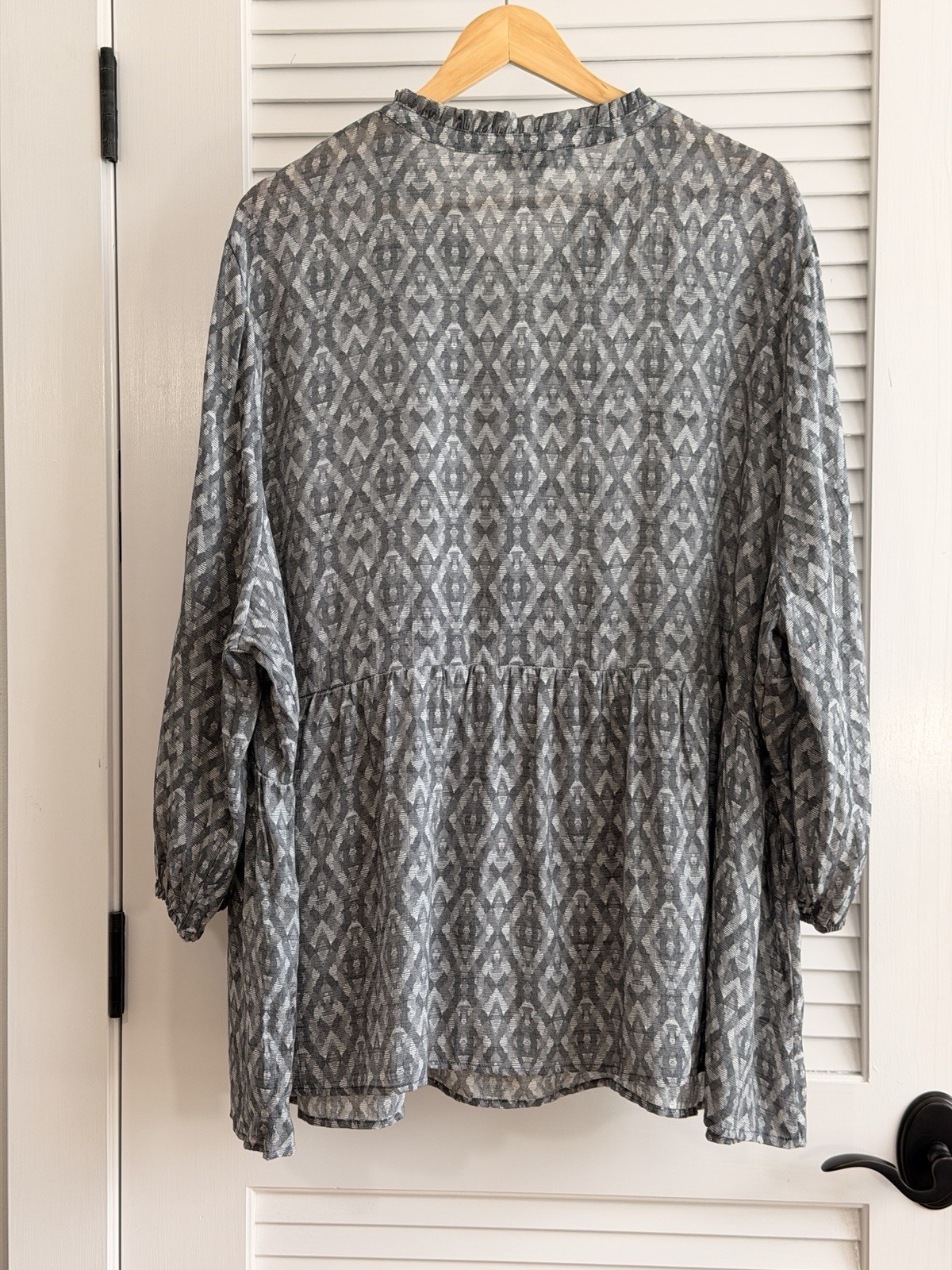 Fred David 3X Gray Boho Tunic Top Tie Neck Long Sleeve Babydoll Plus Size