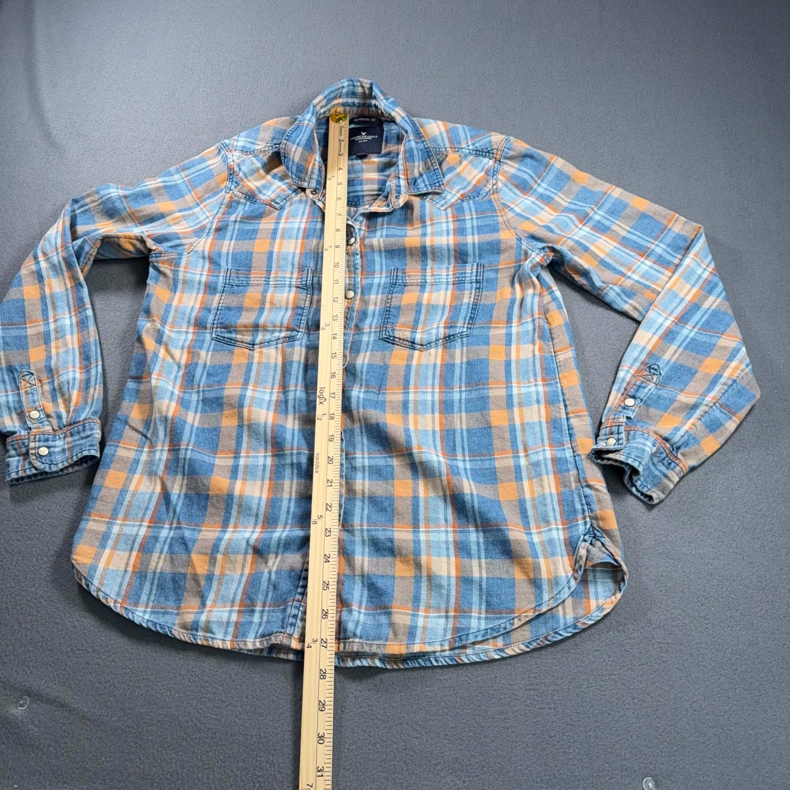 American Eagle Flannel Pearl Snap Shirt Womens M Blue Orange Plaid Boyfriend Fit