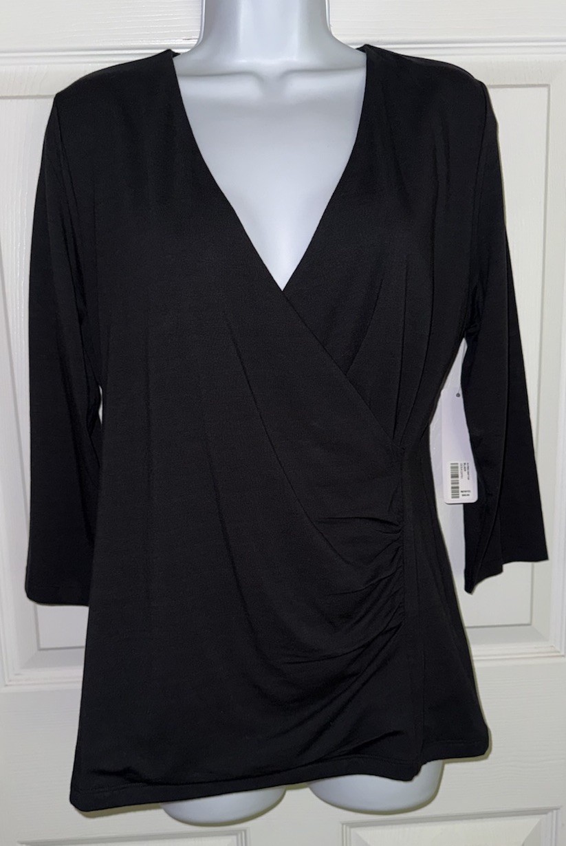 NWT Soft Surroundings Sz Medium Black Alyssa Pullover Knit Surplice Top