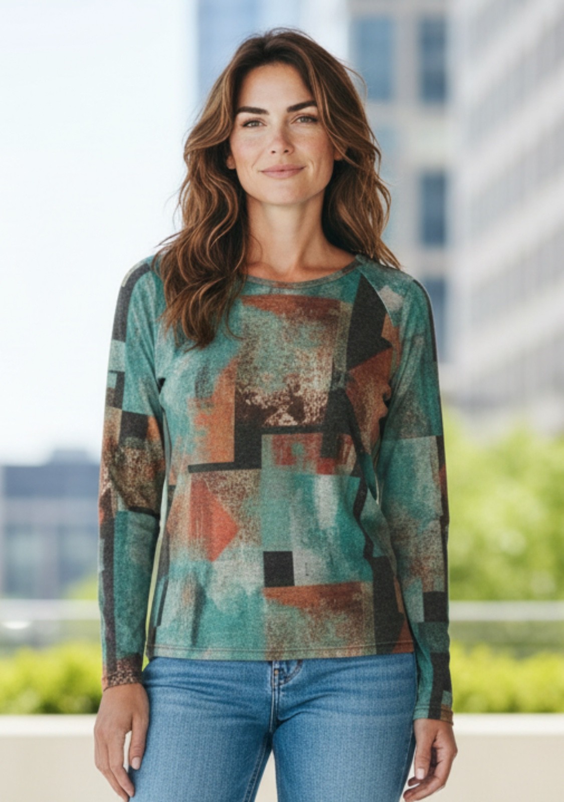 Abstract Print Long Sleeve Top Soft Stretchy Artistic Pullover Blouse NWT