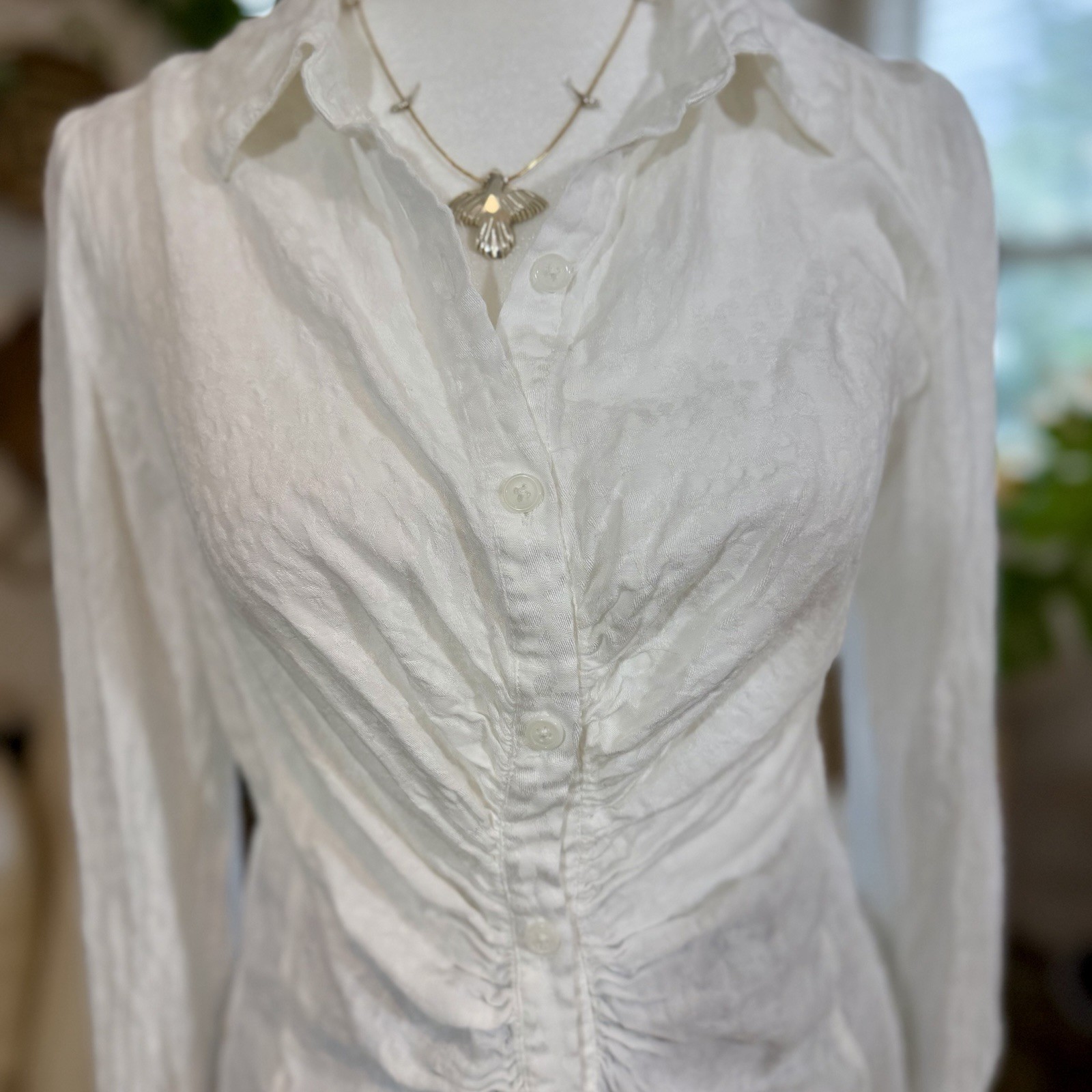 Free People Artsy Ruched Button Front Blouse White Boho Peasant Top Medium