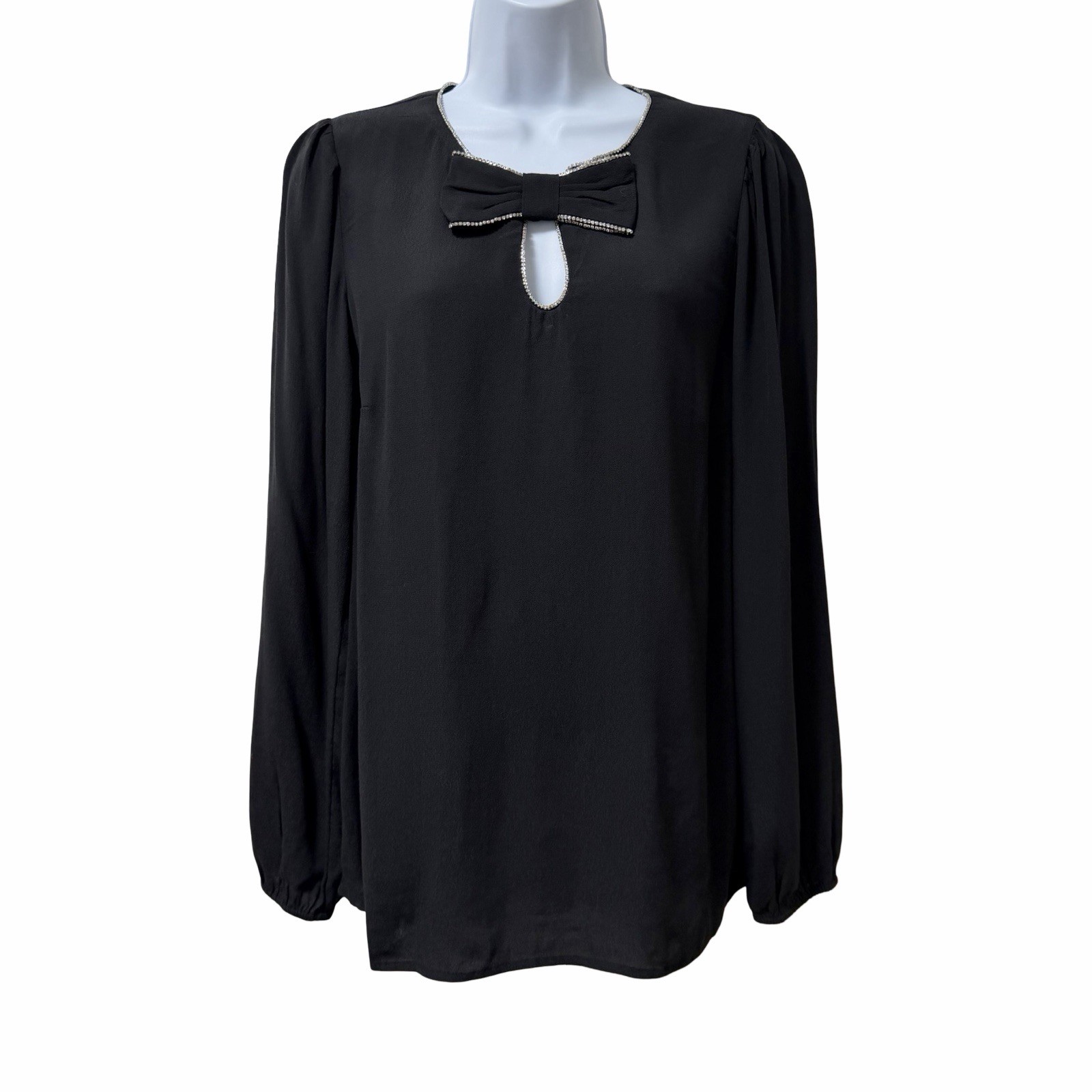 J Crew Womens Jeweled Bow Crepe Blouse Size S Black Holiday Office Career Top