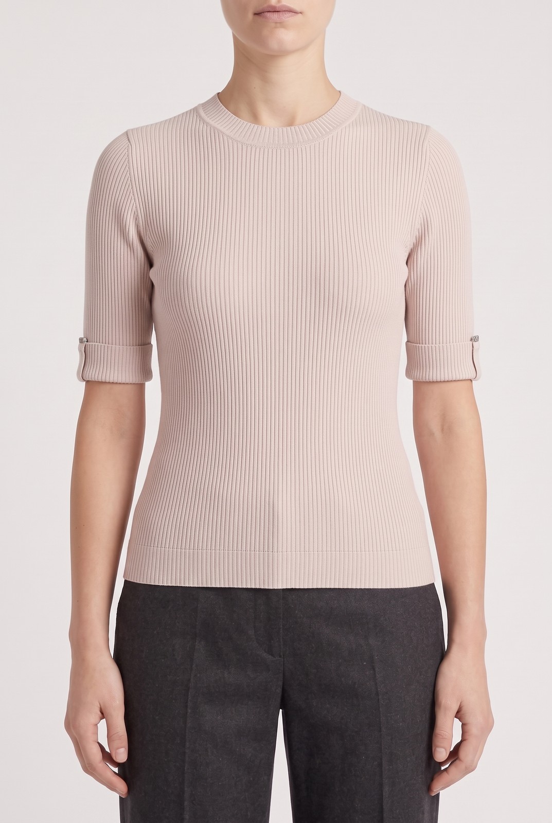 BRUNELLO CUCINELLI WOMEN’S MONILI BEAD RIBBED SHORT SLEEVE SHIRT MSRP $1155