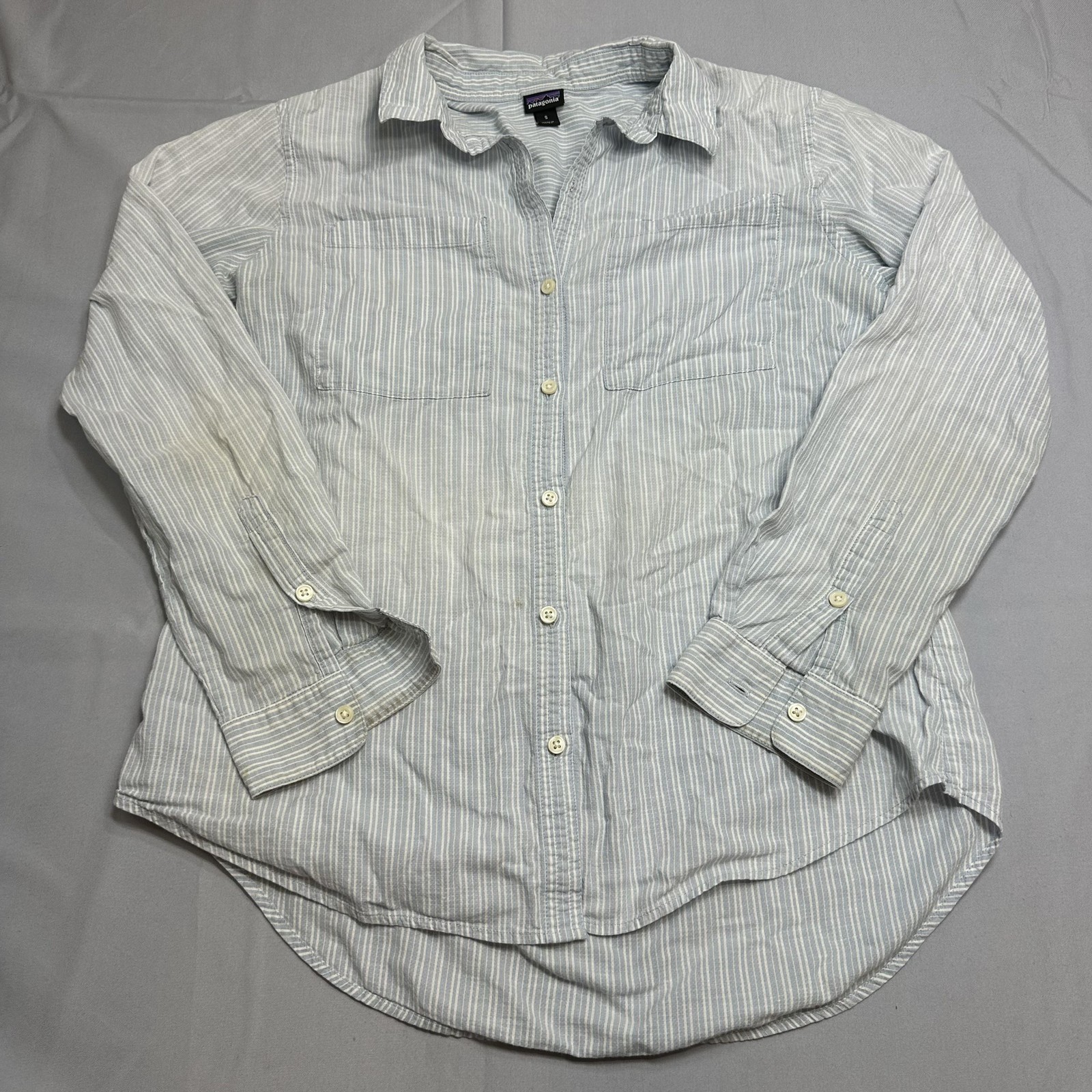 Patagonia Shirt Women Small Blue Stripe Cotton Hemp Lightweight Casual Cottage