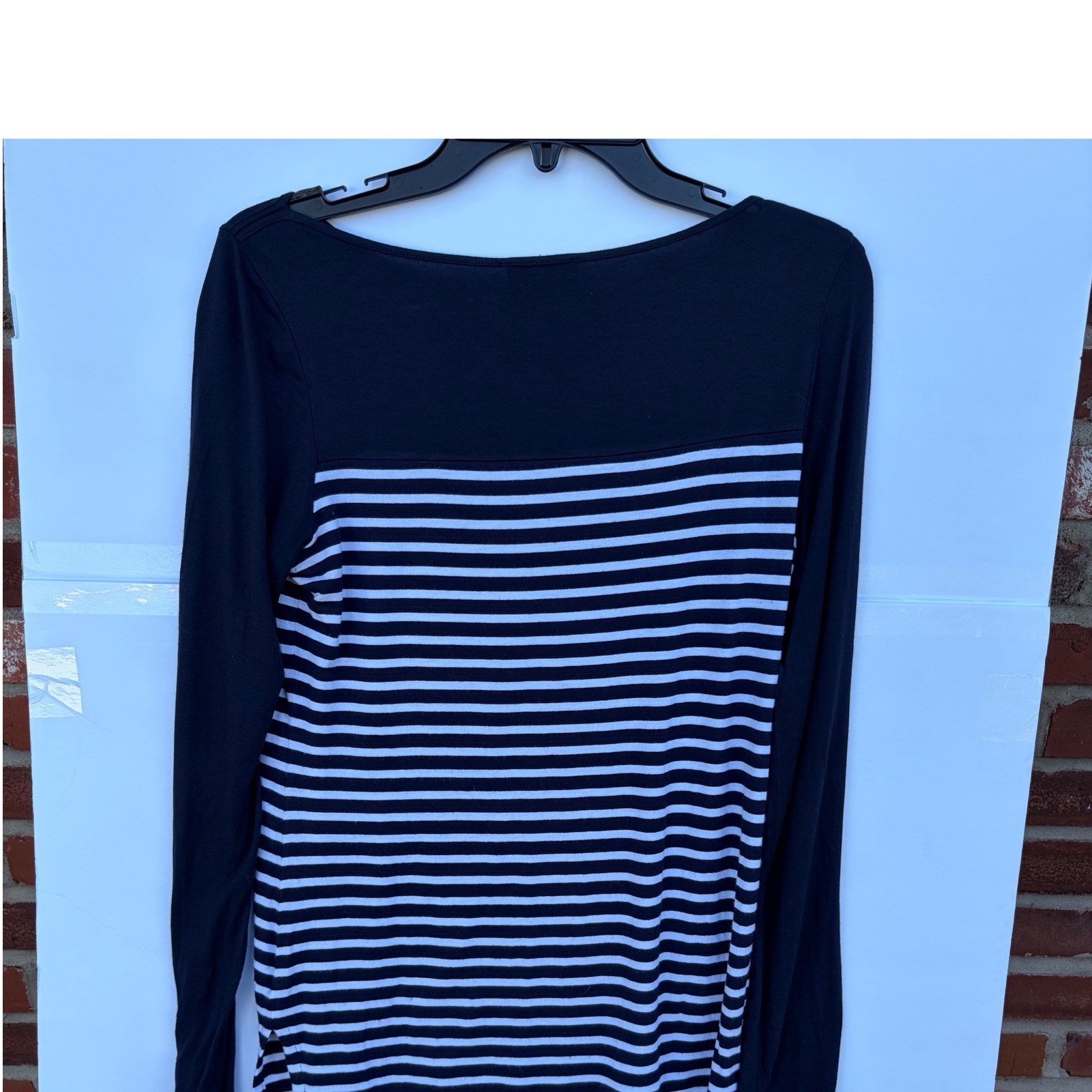 The Limited Womens Navy Blue White Striped Boat Neck Long Sleeve Button Cuff Top