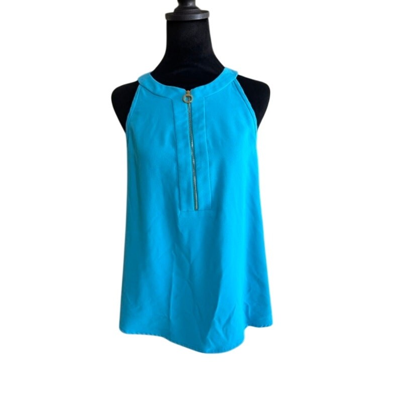 Trina Turk Tank Top Womens L Blue Sleeveless Zip Front Modern Resort Blouse