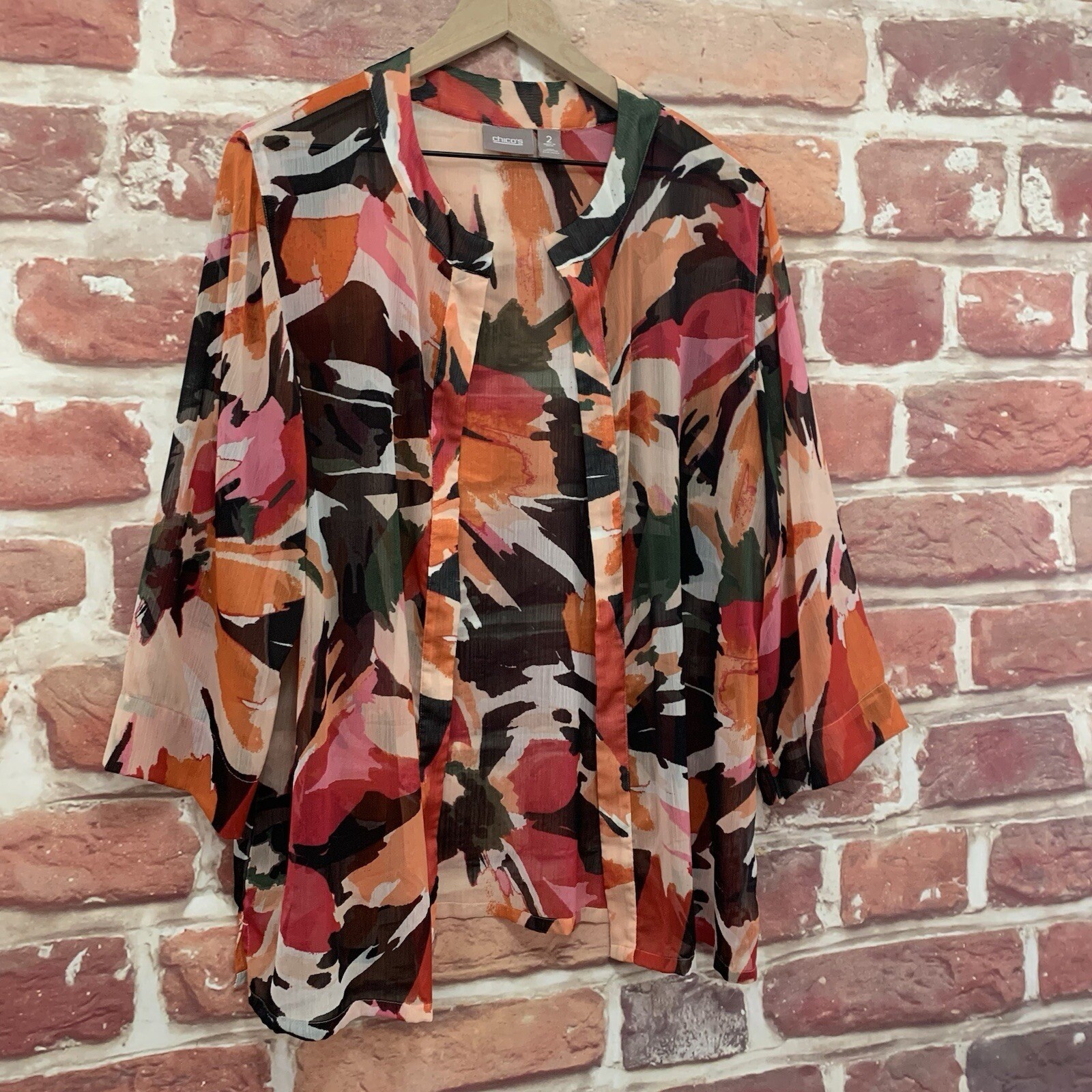 Chicos Shrug Top Womens Large 2 Multicolor Floral Abstract Sheer Shirt Topper
