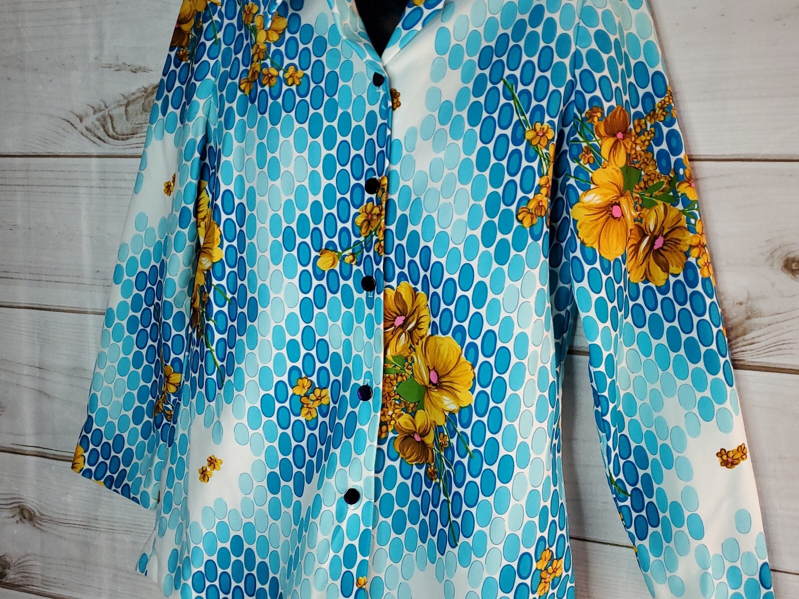 Vintage Hippie Shirt 60s 70s Polyester Flowers Boho Blue Retro Pointed Collar