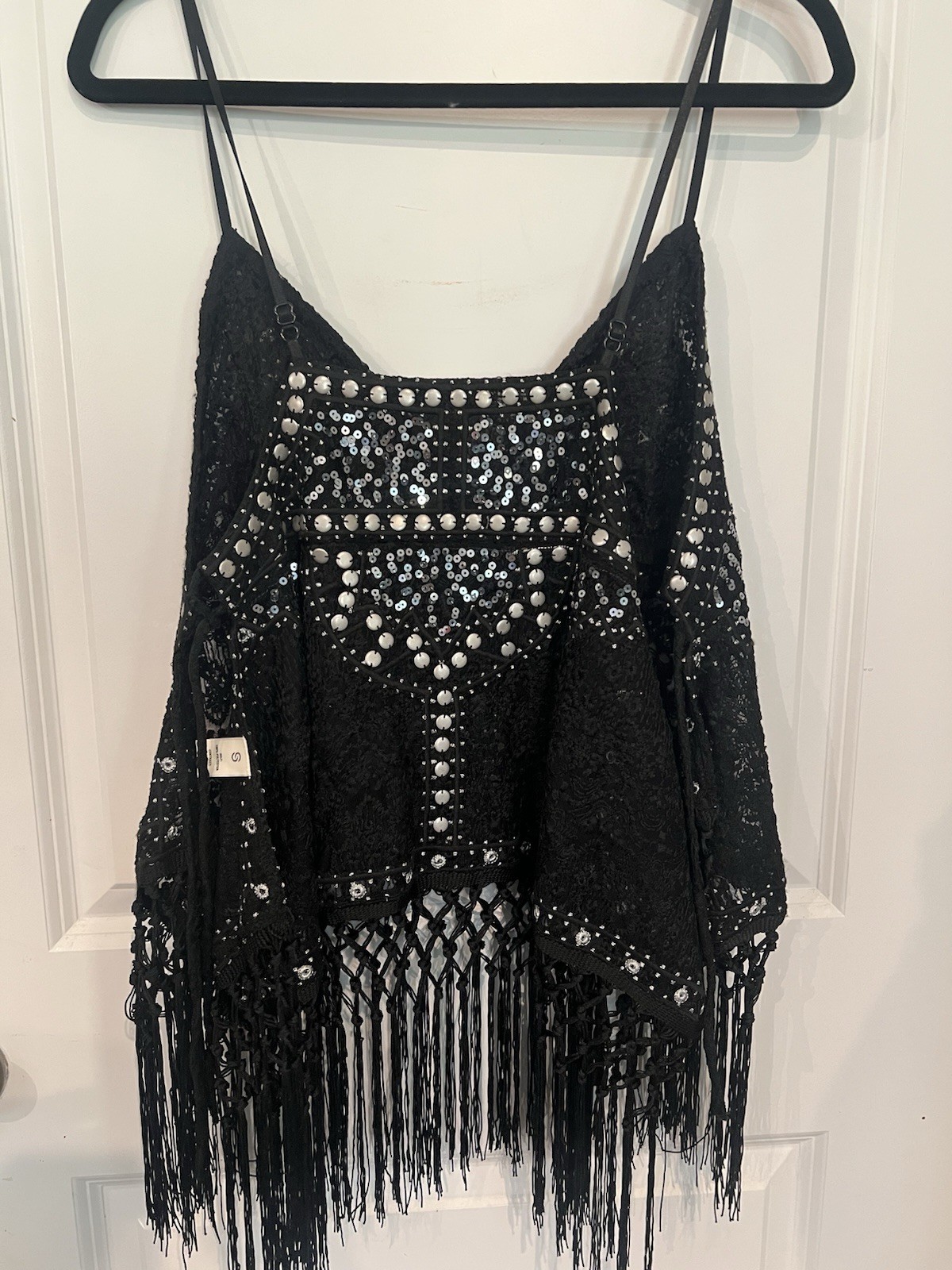 Sterling & Stitch Y2K Black Sequin Fringe Studded Boho Western Tank Top L NWT