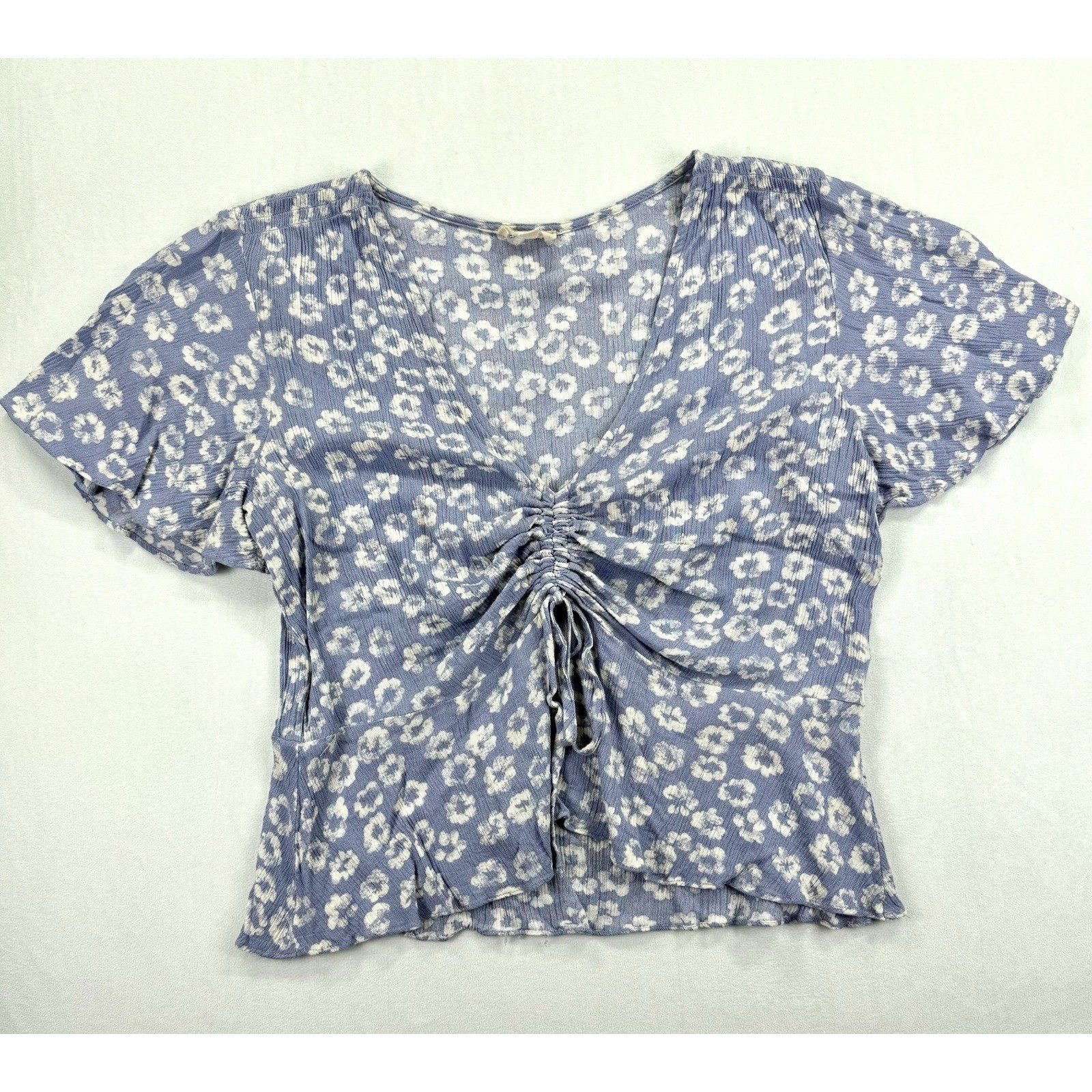 Hem & Thread Blouse Top L Blue Floral Ruched Drawstring Bust Flutter Sleeve Boho