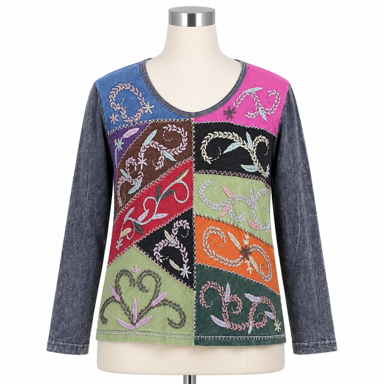 Boho Patchwork Embroidered Top Womens M Nepal Hippie Festival Artisan Whipstitch