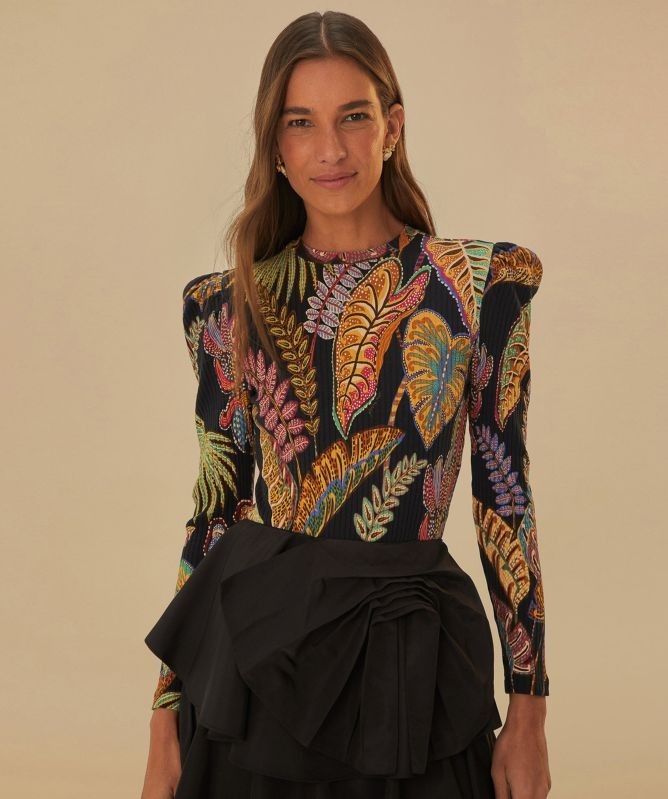 Farm Rio Cool Foliage Bodysuit M Vibrant Tropical Leaf Print Long Sleeve Top