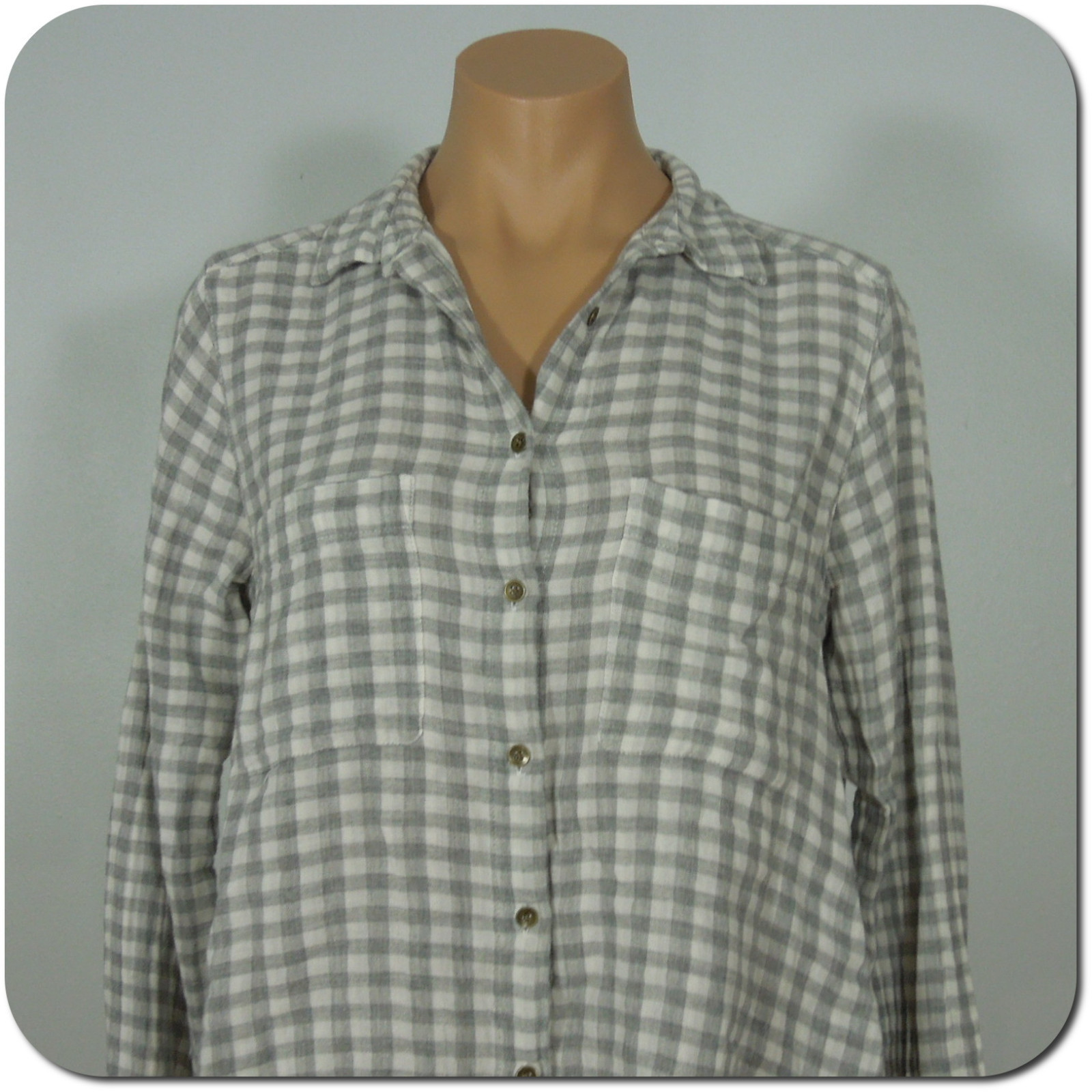 LOU & GRAY Shirt S SMALL Womens Gray White Plaid Cotton Loose Fit