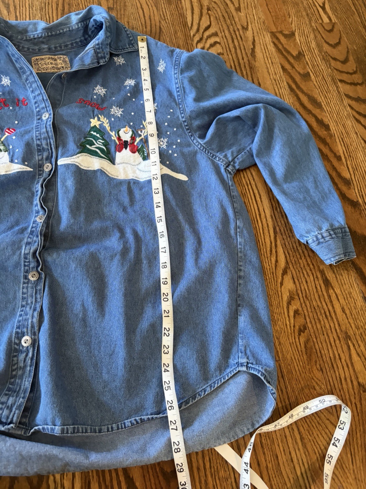 Vtg Tantrums Long Sleeve Button Up Denim Shirt Snowmen Size XL Winter Christmas