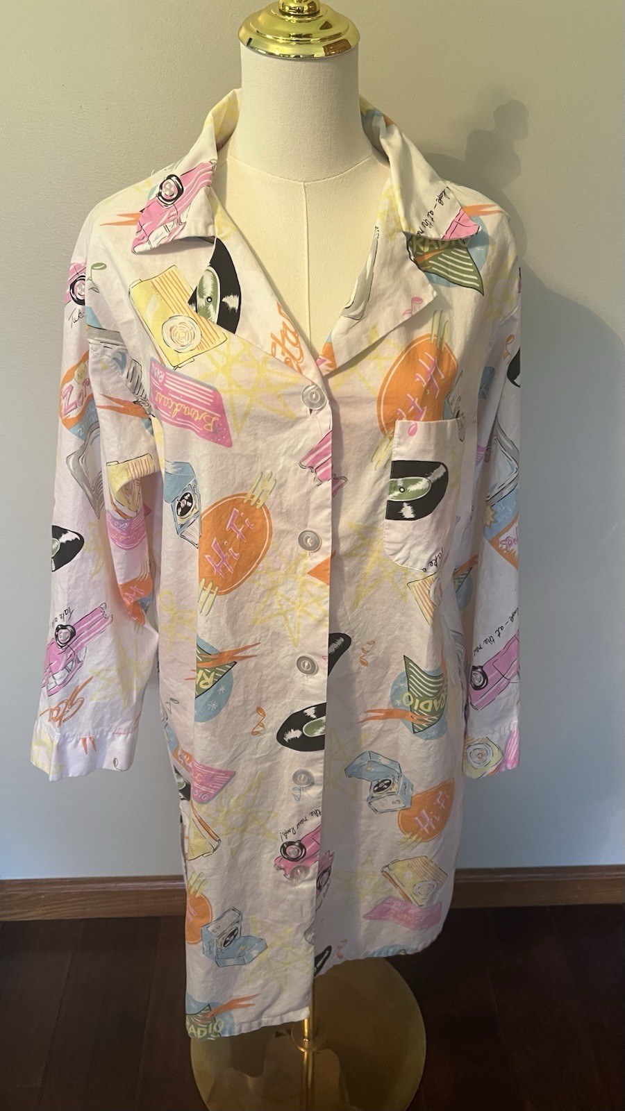 Vintage Forever Young Music Print Blouse /Tunic Shirt Records Radio Vinyl Retro