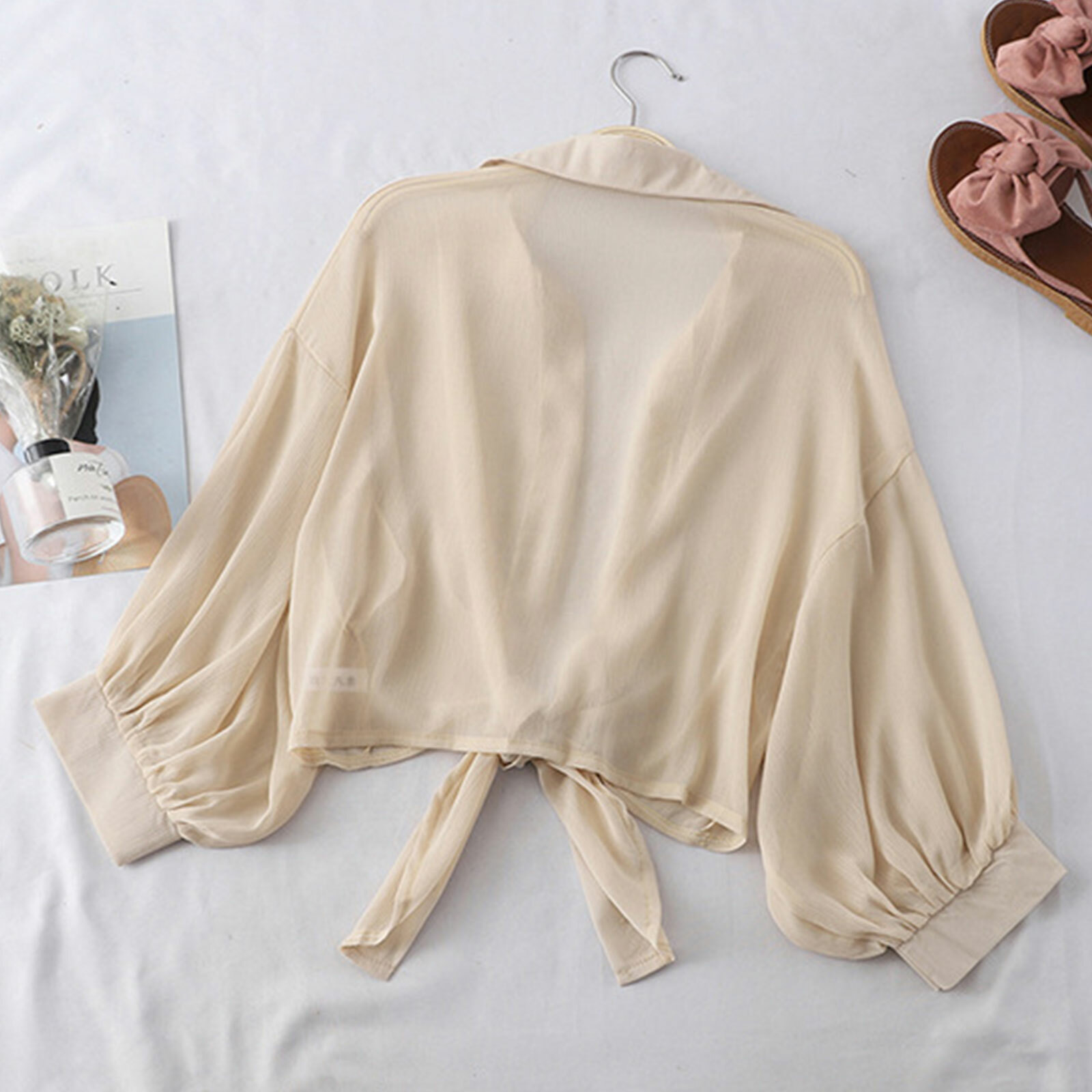 Women Long Sleeve Blouse Crop Top Front Knot Cardigan Button Down Lapel Shirt