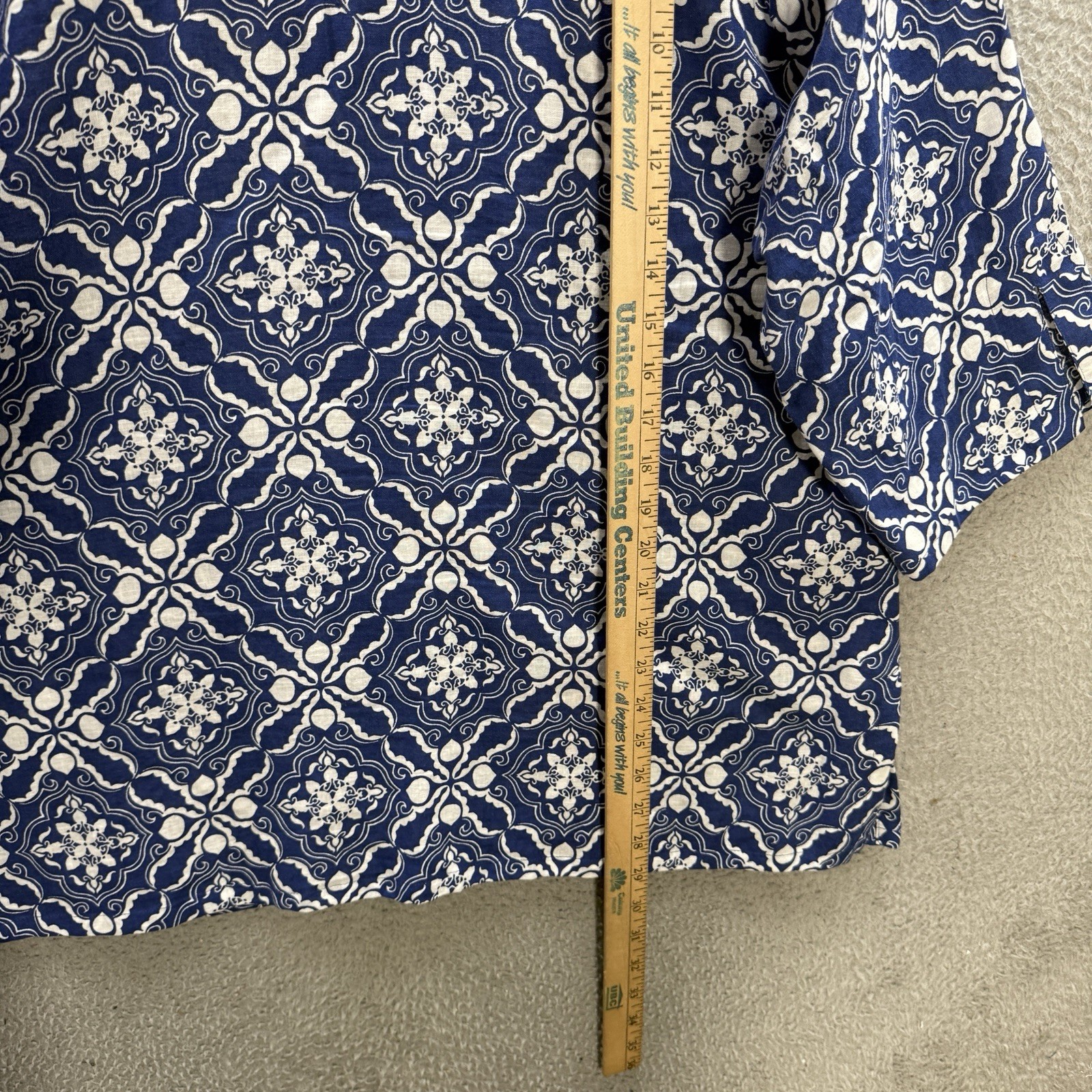 Tweeds Shirt Womens 1X Blue White Geometric Embroidered Linen Blend Coastal