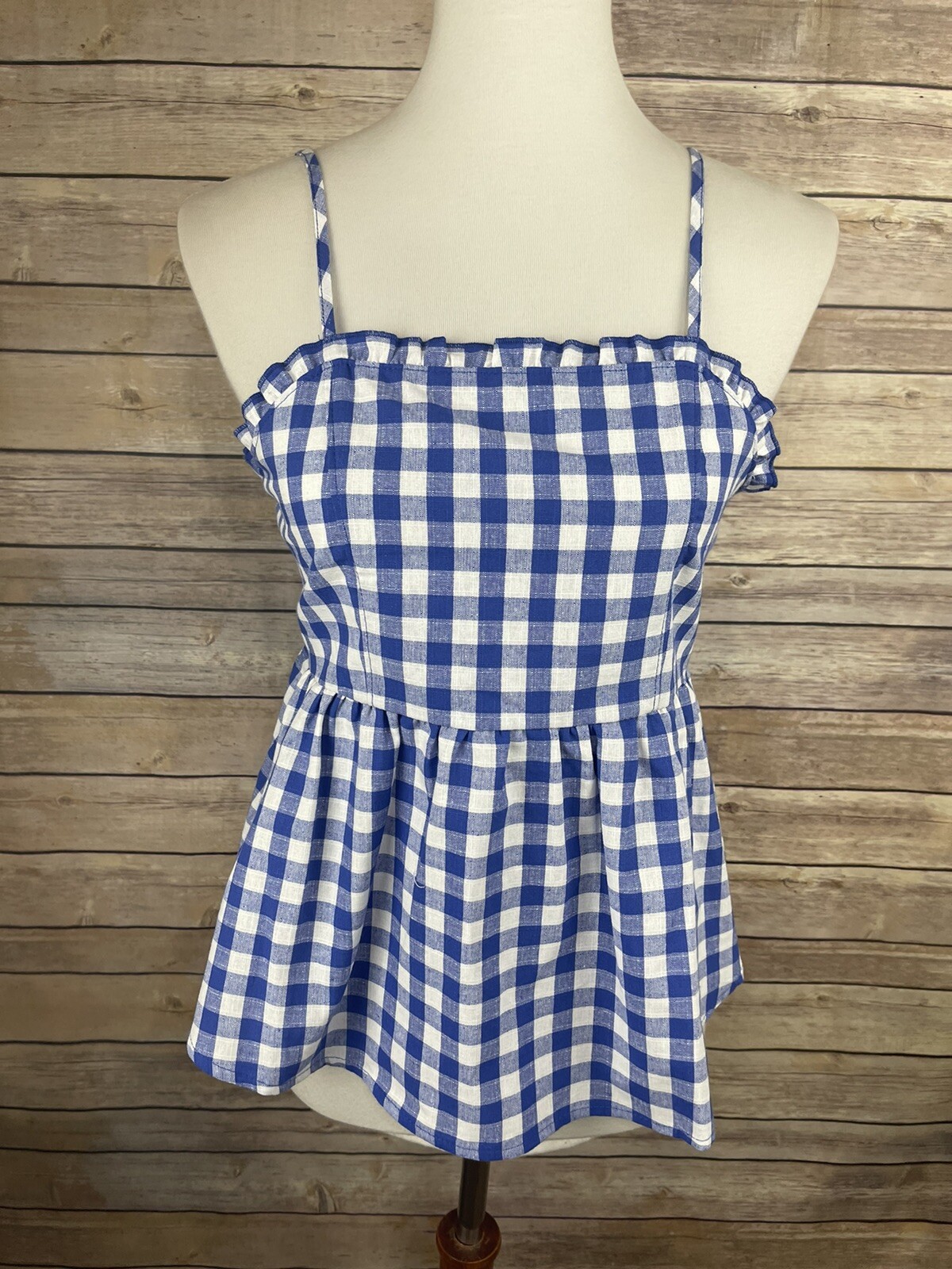 Love On A Hanger Small NWT Blue Gingham Blouse Smocked Strappy Top Blue White