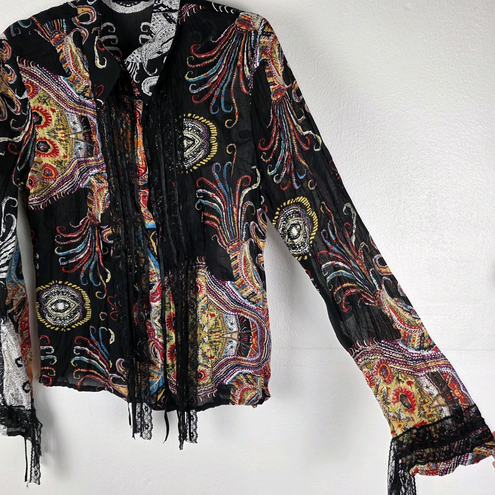 Violet & Claire Womens L Blouse Black Sheer Paisley Lace Trim Boho Western Top