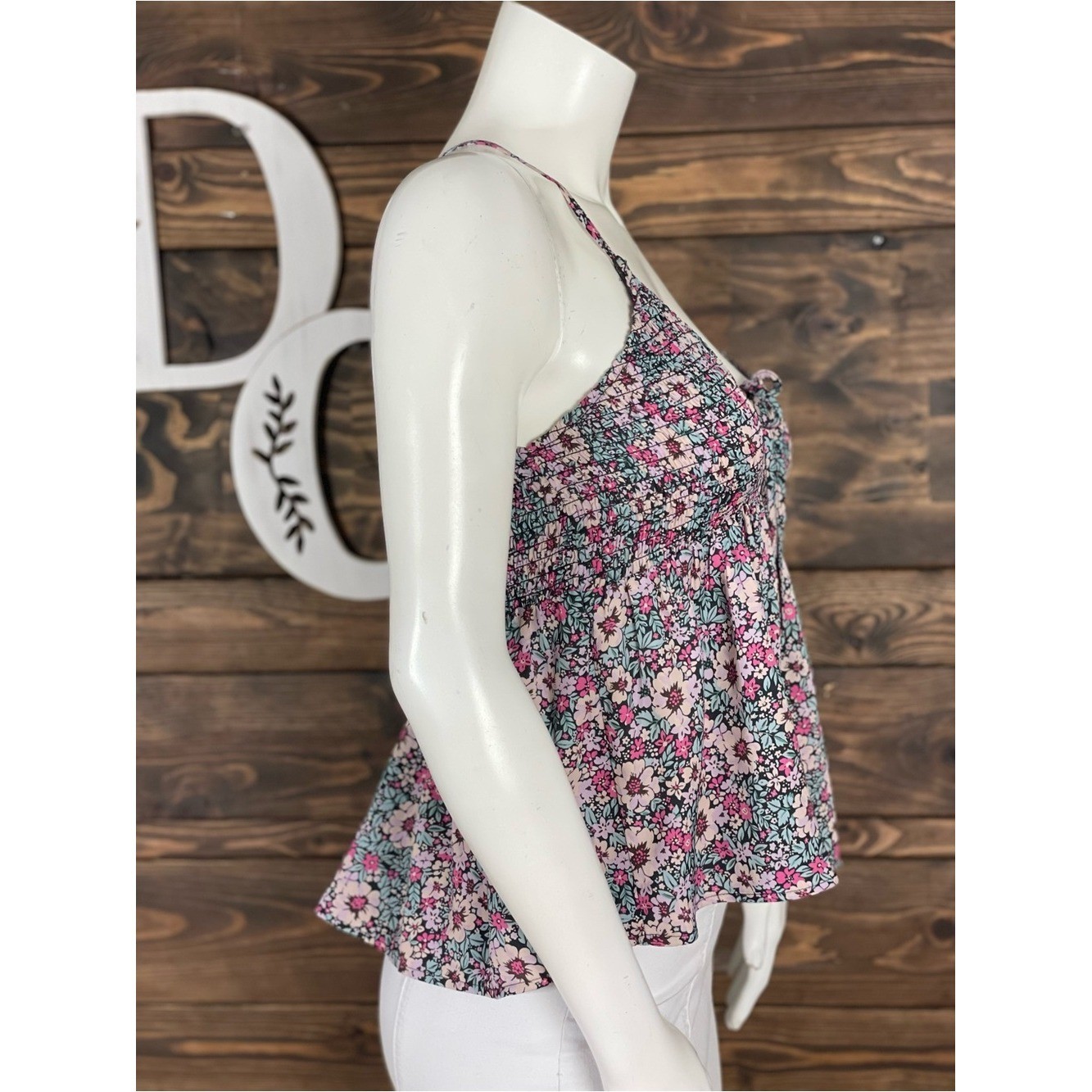 American Eagle Pink Floral Smocked Tie-Front Cami Split Keyhole Peplum Babydoll
