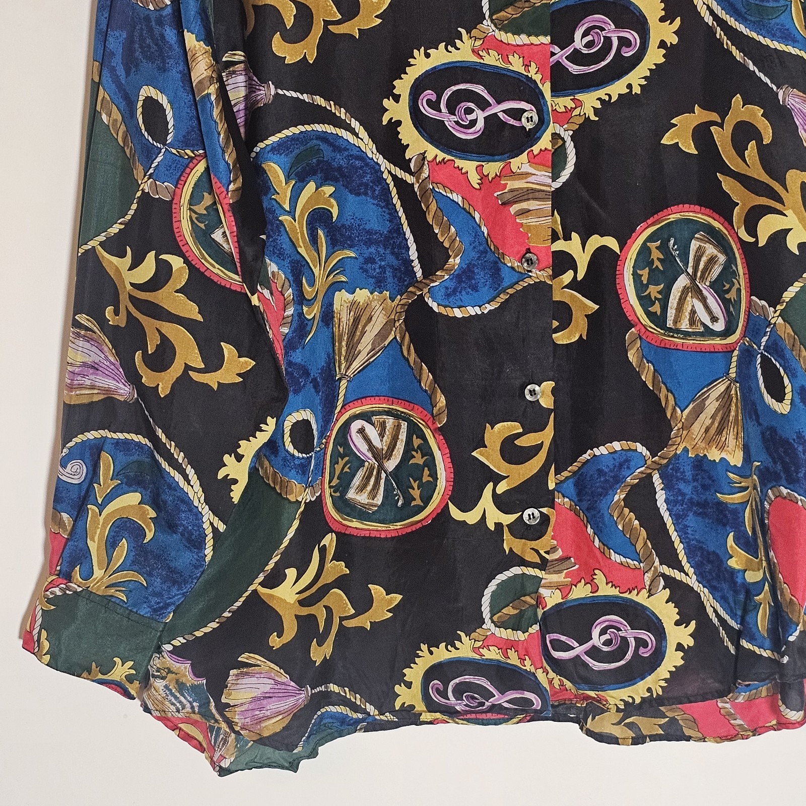 Vintage Basic Editions Top Womens Medium Multi Silk Button Up Music Baroque Fun