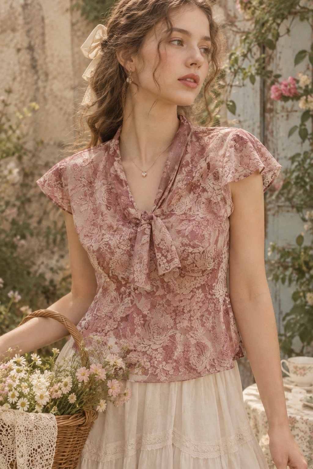 Vintage Miss H. Floral Burnout Top Bow Tie Neck Y2K Cottag Fairy Feminine Large