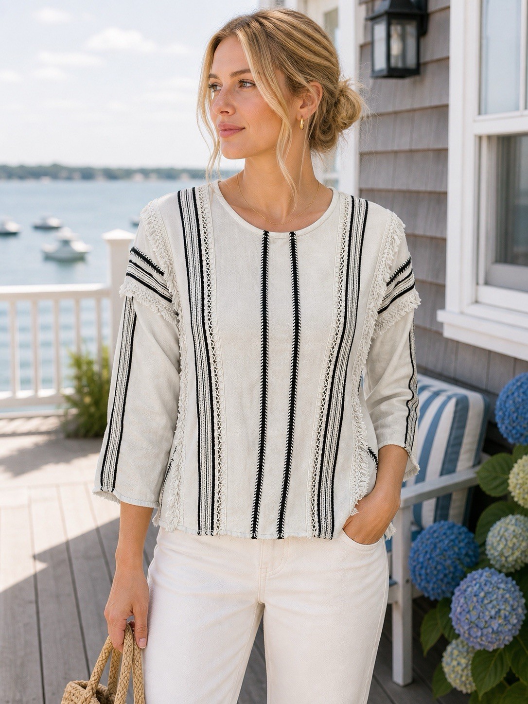 Moon River Anthropologie Boho Crop Blouse Top Women S Cream Striped Knit Fringe