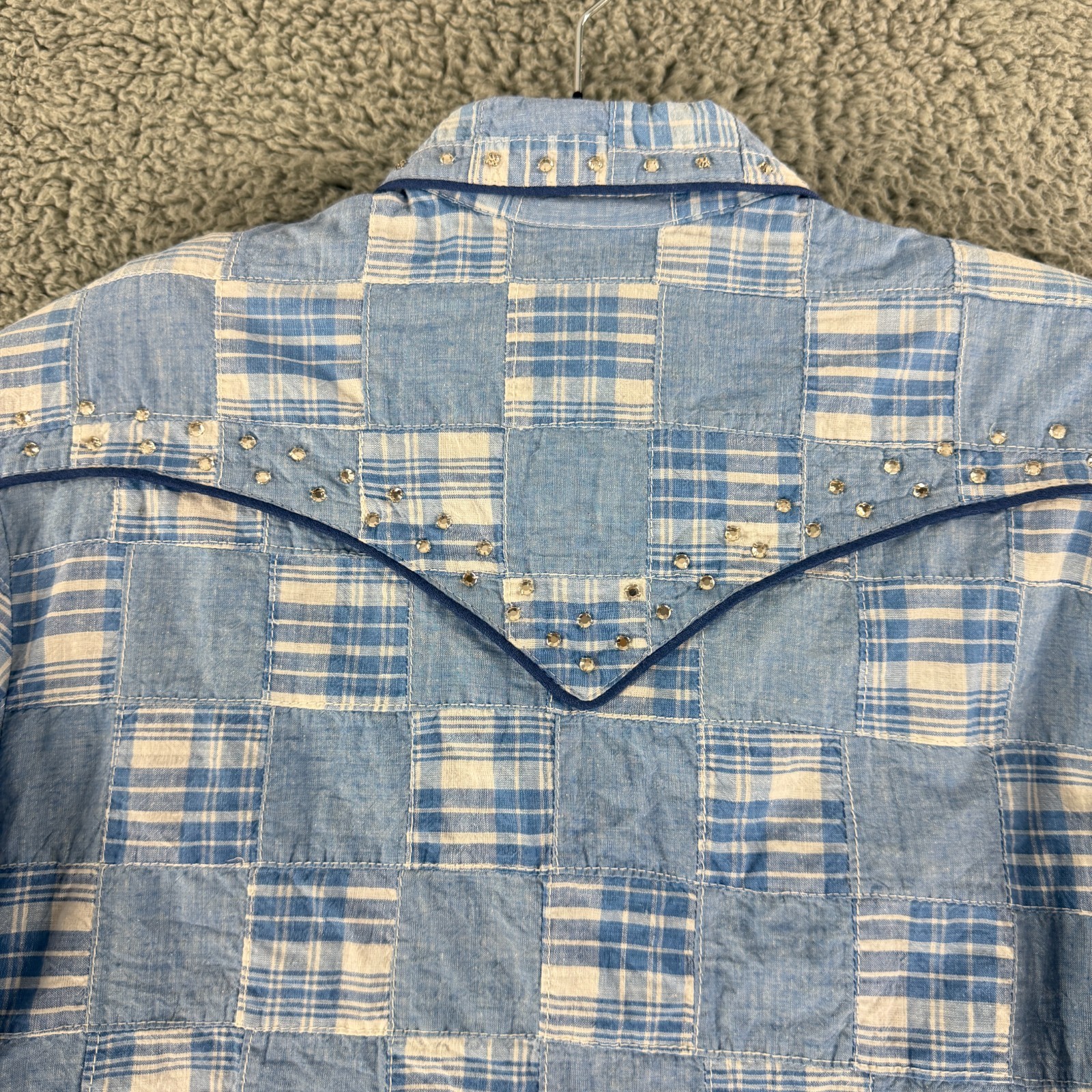 Western Collection Styles Snap Button Shirt Womens Medium Blue Patchwork VTG LS