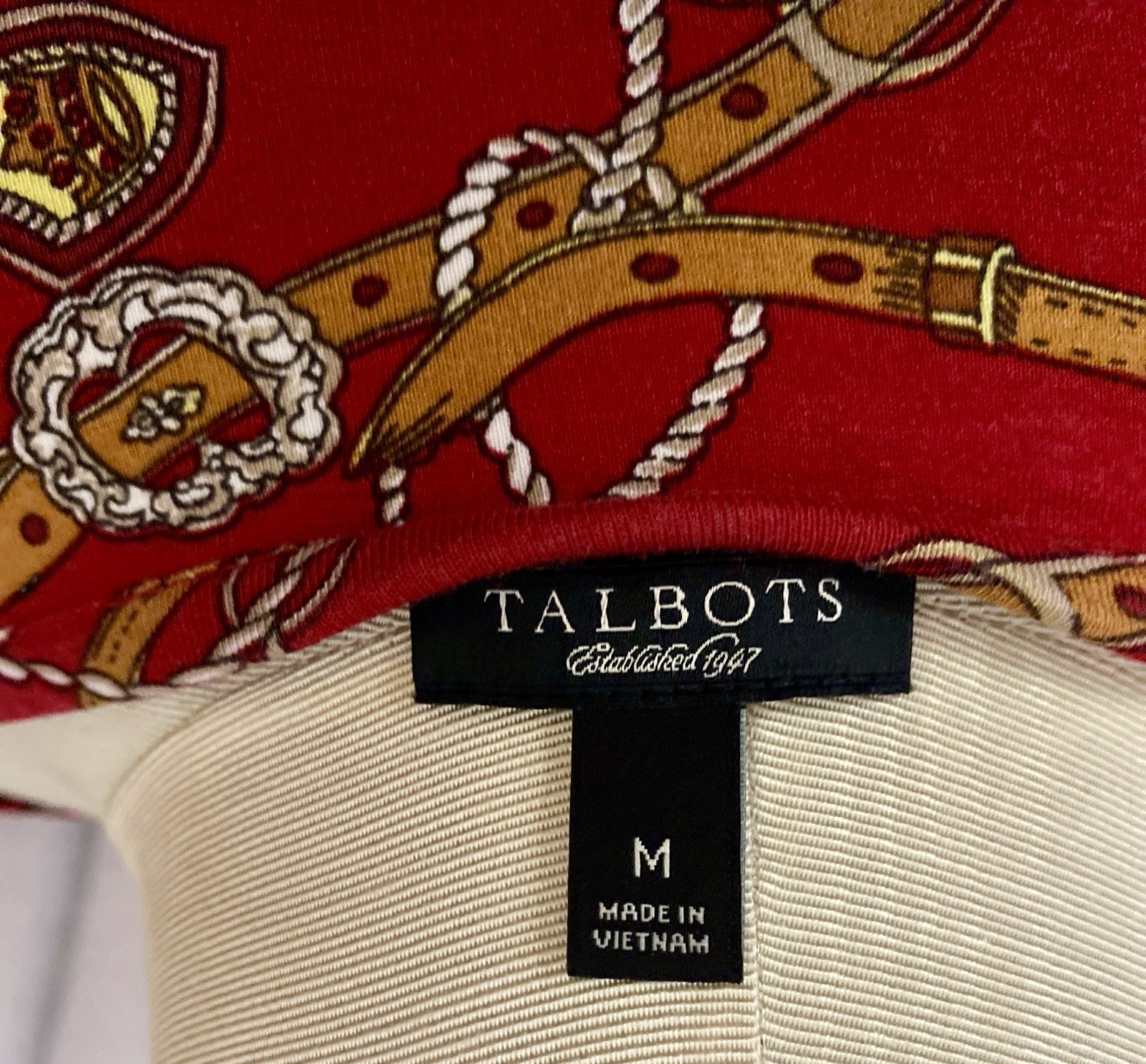 Talbots Wom M Waterfall Neck Blouse-Classic Designer Print-Jewels/Chains/Tassels