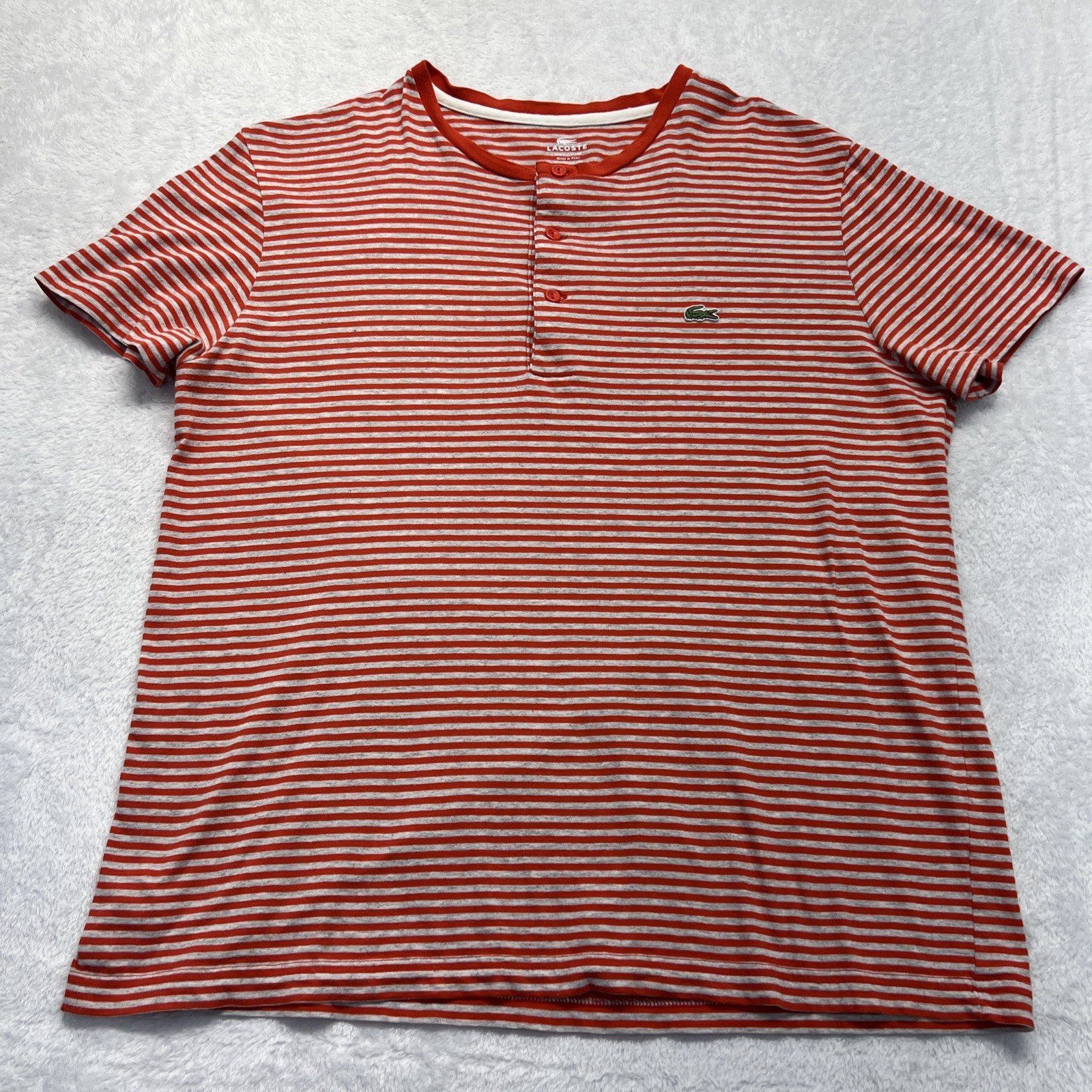 Lacoste 3 Button Crew Neck Short Sleeve Pullover Size 5 Red Gray Stripe Reg. Fit