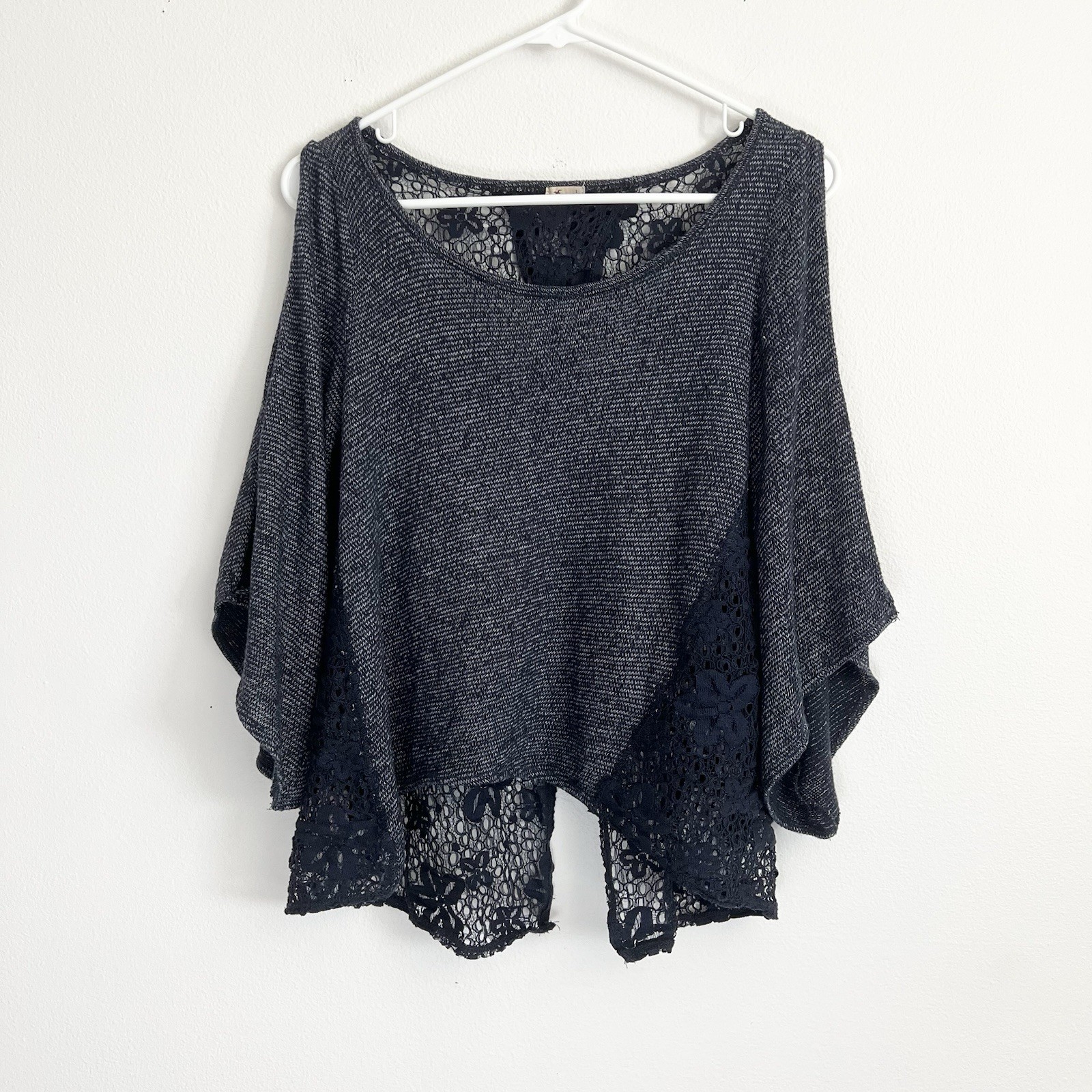 Hollister Boho Sheer Lace Back Bell Sleeve Knit Top Navy Fairycore Romance S