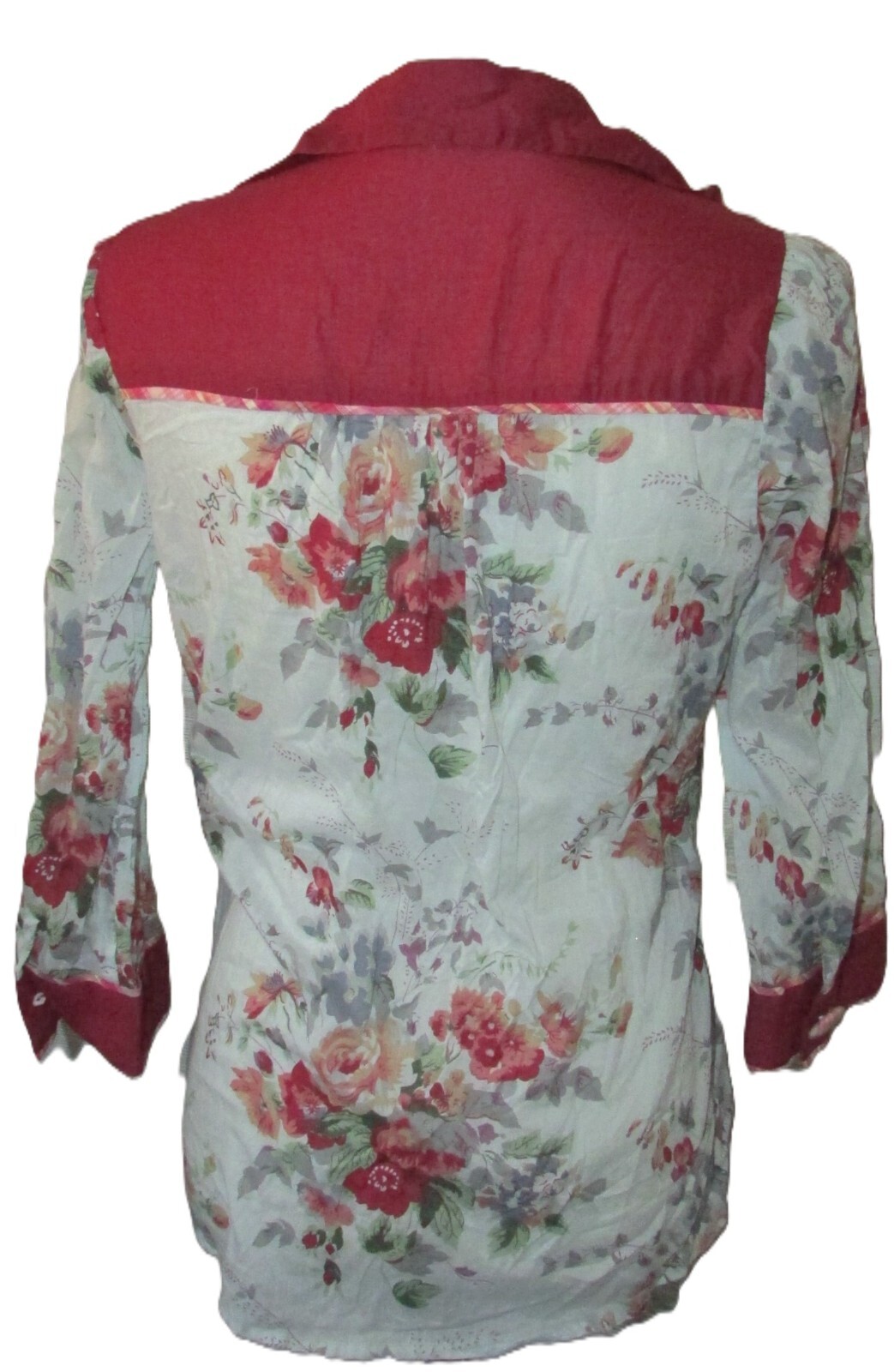 Floral Blouse M 3/4 sleeve Big plaid Buttons Pockets Mixed Media Boho Festival