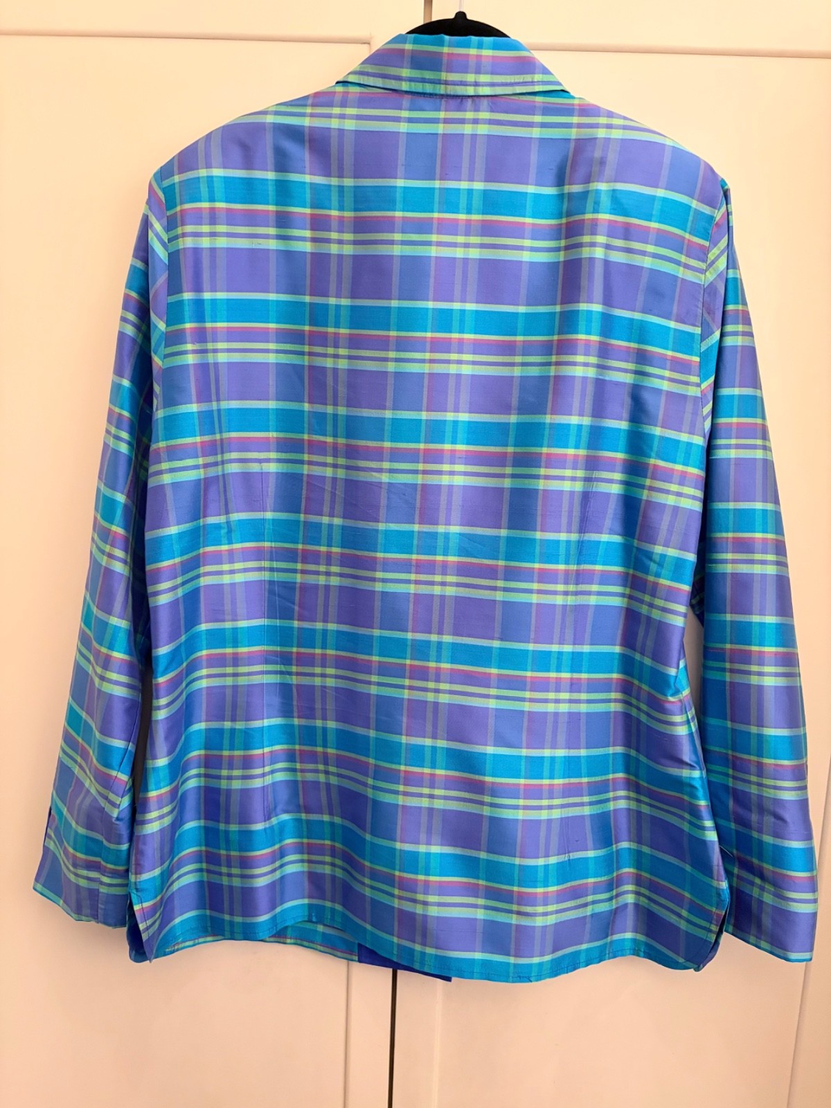 Nina McLemore 100% silk purple teal and green plaid button down