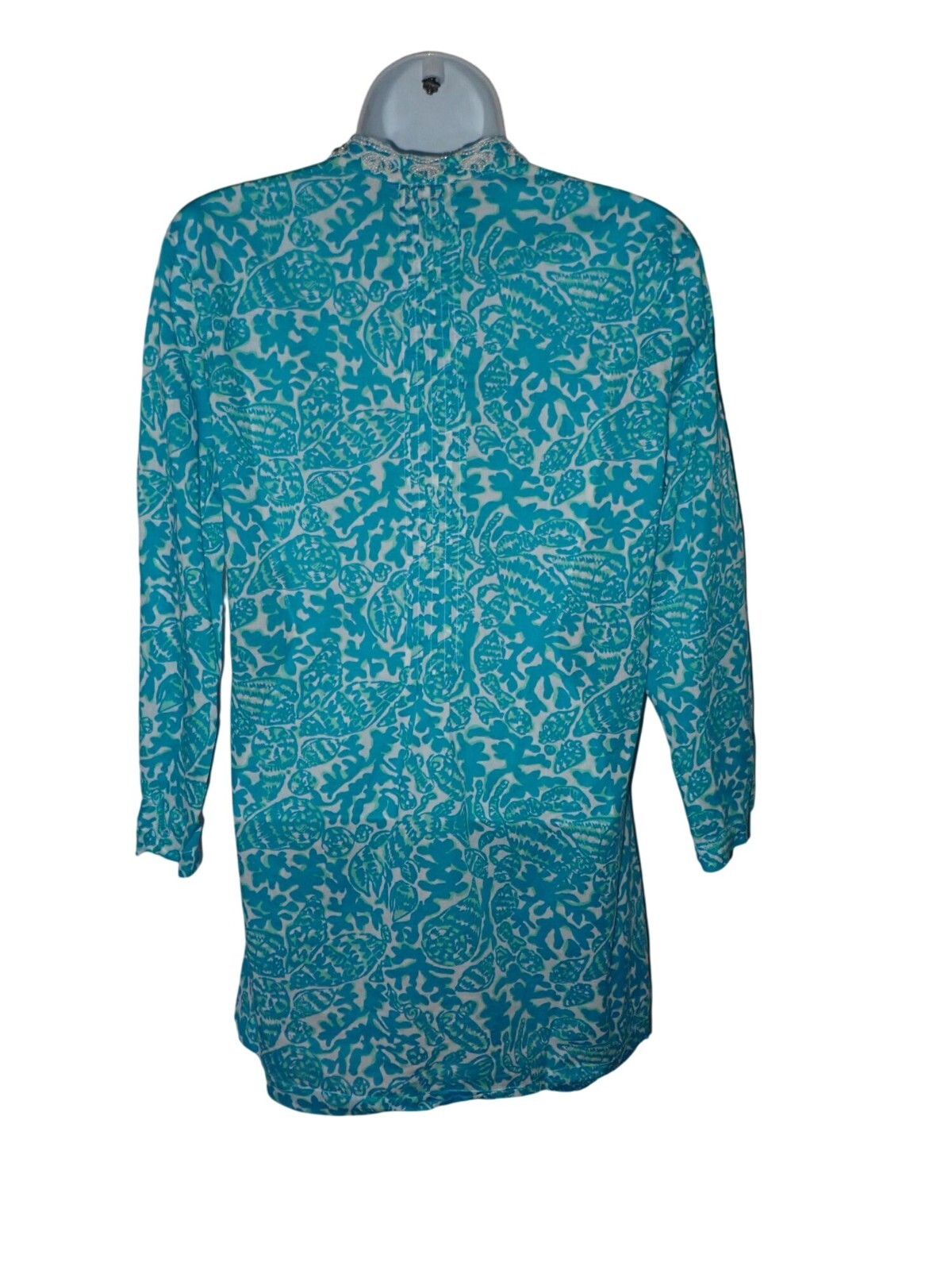 Lilly Pulitzer Sarasota Blue beaded Tunic Top Size S Shells Print Beach Casual