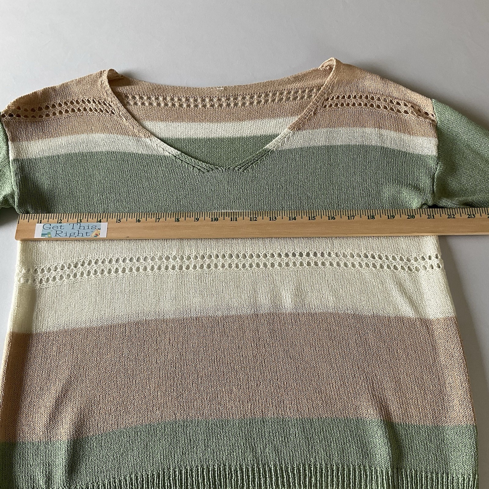 Women’s Oversized Open Knit Short Sleeve Sweater Top Green Beige Striped Size M