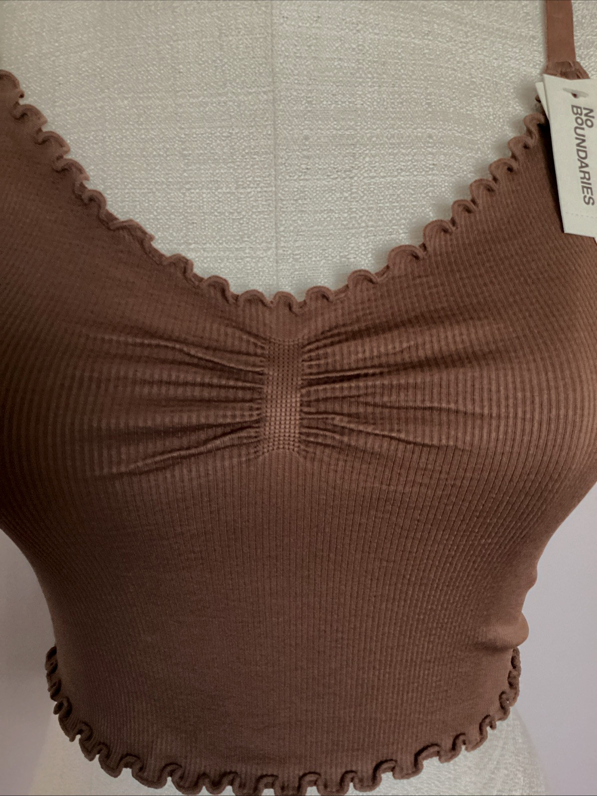 NOBO NO BOUNDARIES BROWN LETTUCE EDGE RIB KNIT CROP CAMI Sz. Jr. XL*