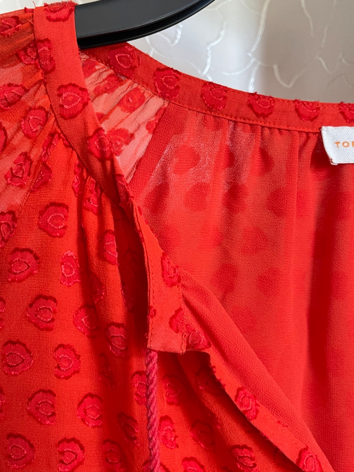 Tory Burch Leopard Jacquard Silk Blouse red Orange Tassel Ruffle 3/4 Sz 2 XS – S