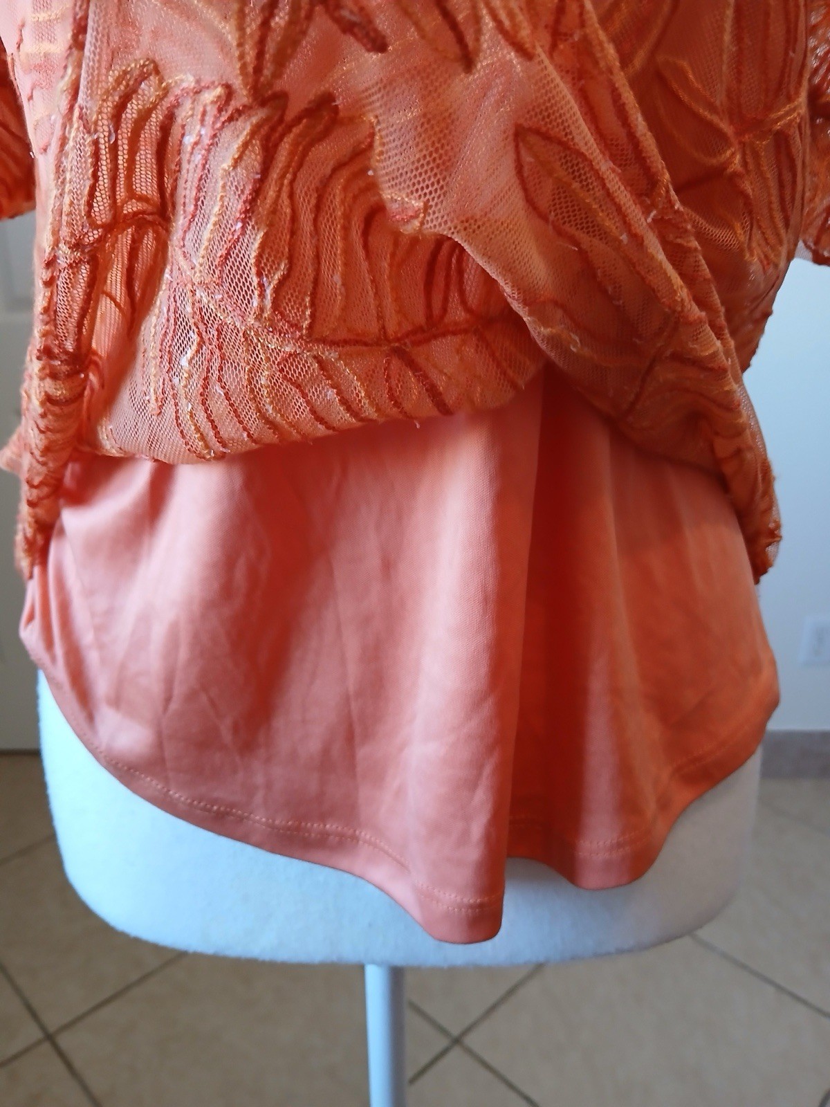 Kim & Cami S Coral Mesh Leaf Embroidered Puff Sleeve Sheer Blouse