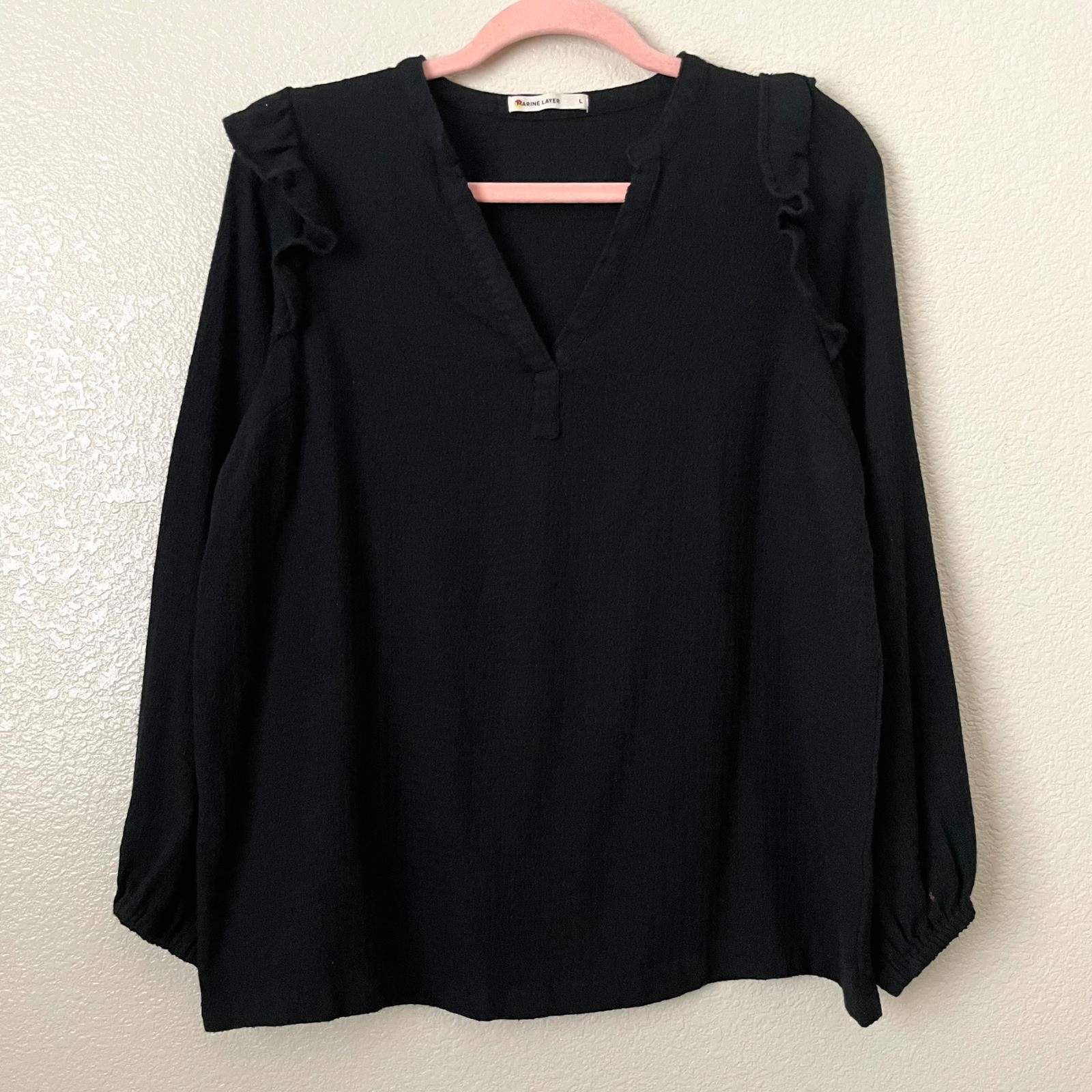 Marine Layer Top Womens Large Black Jamie Ruffle Long Sleeve Quiet Luxury Boho