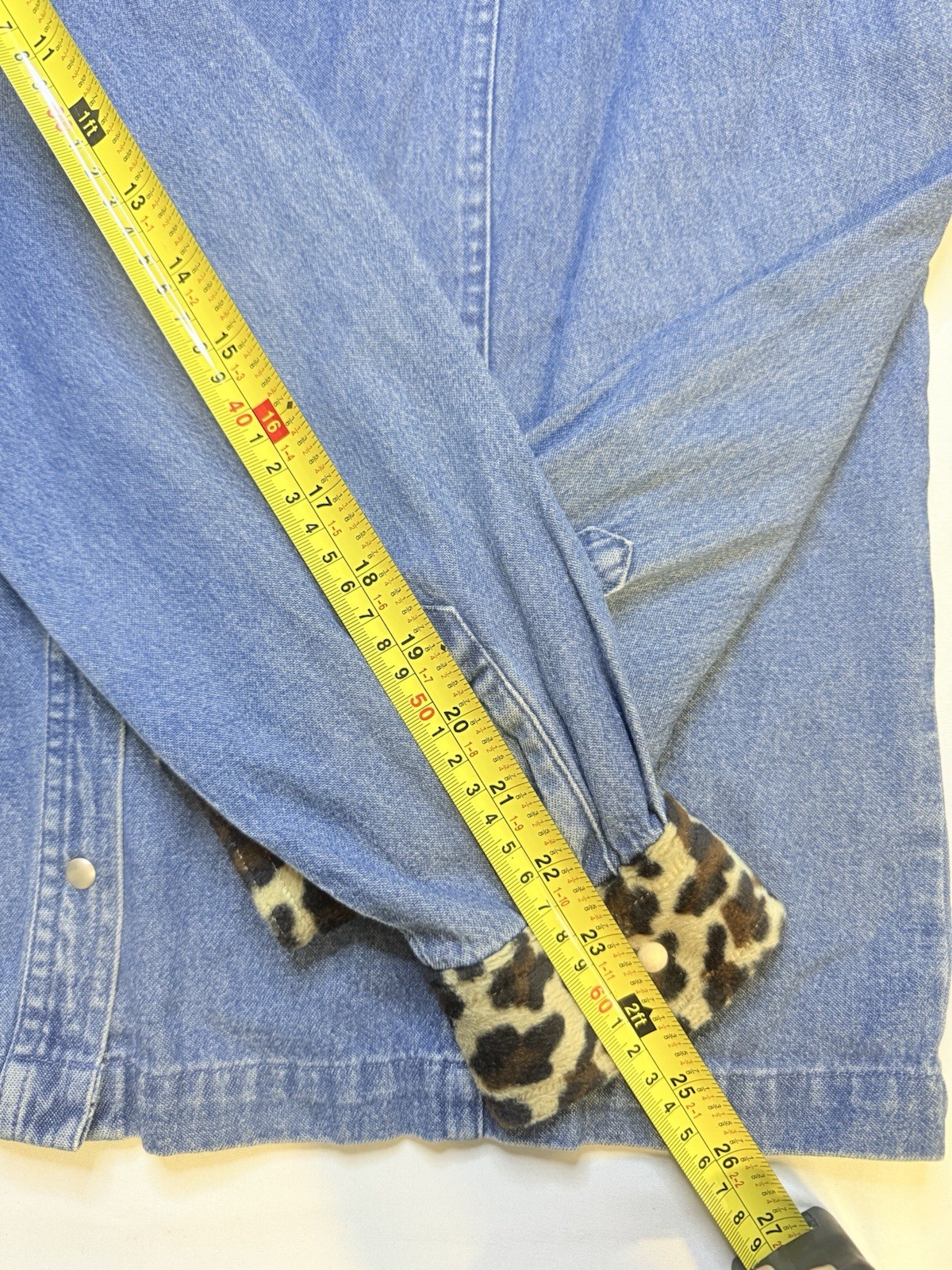 Y2K Denim Snap Button Shirt Leopard Print Collar Western Cowgirl Jacket Top L