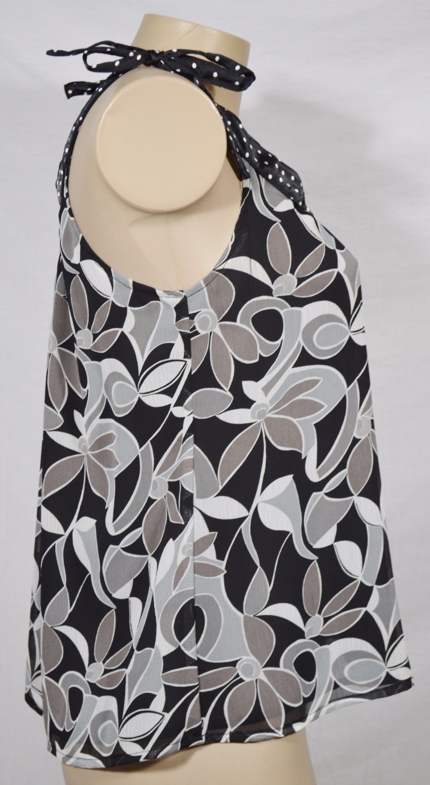 MIXIT Black Gray Patterned Sleeveless Top Small Polka Dot Neckline Tied Shoulder