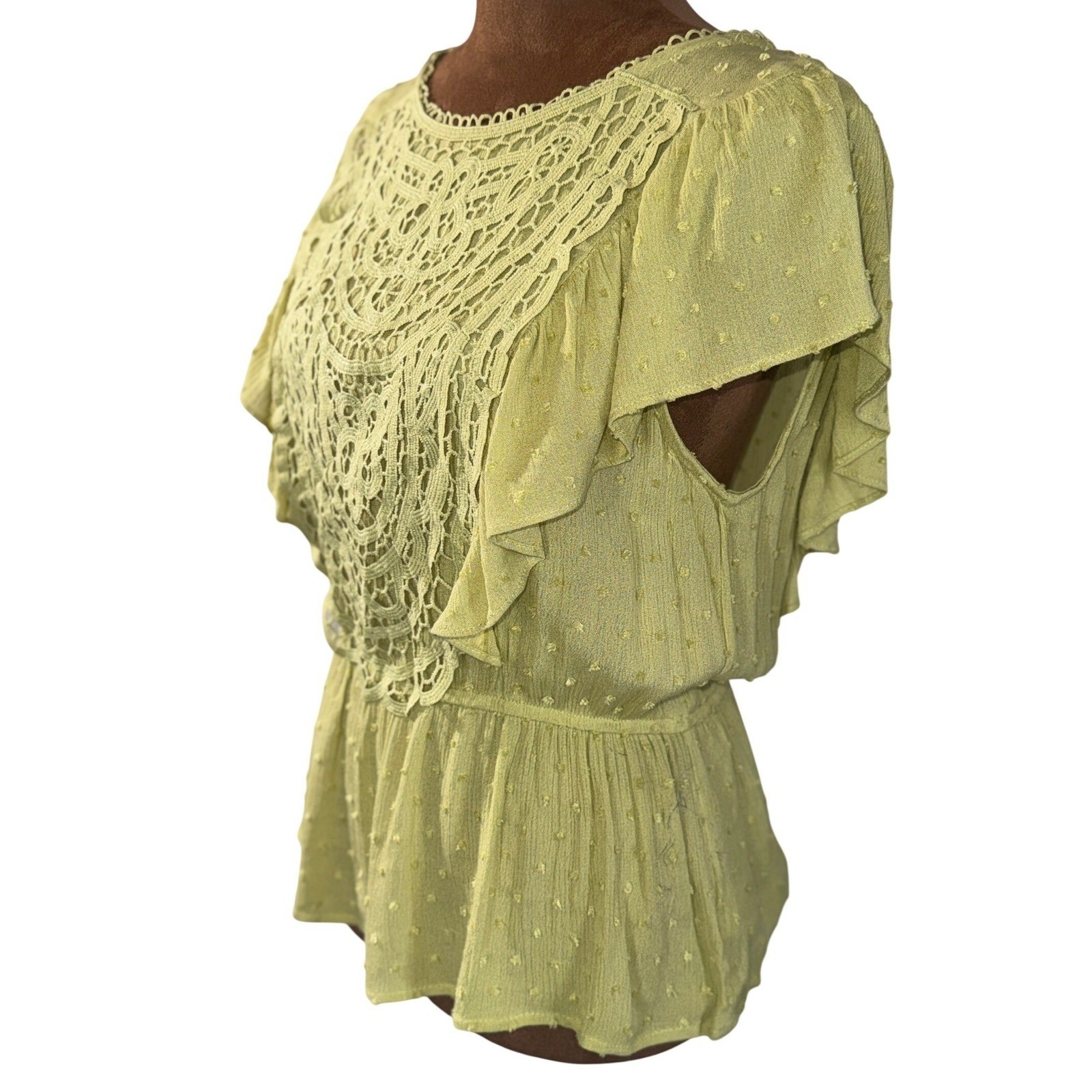 Promesa Top Med Lime Green Swiss Dot Flutter Sleeve NWT Feminine Blouse Top Lace