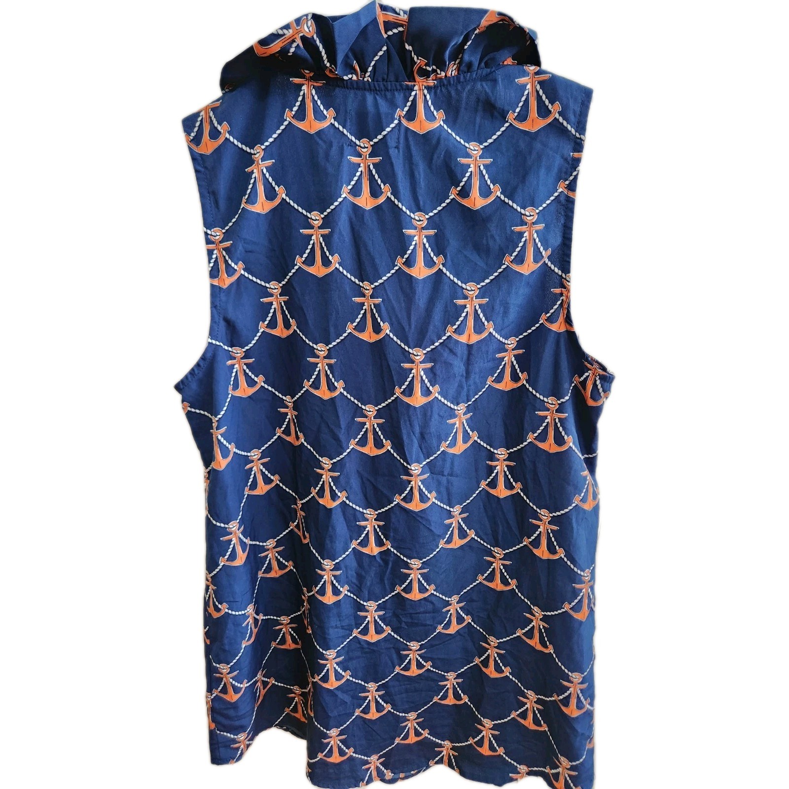 Mud Pie Navy Blue Orange Nautical Anchors Sleeveless Ruffle Top SZ M Resort Wear