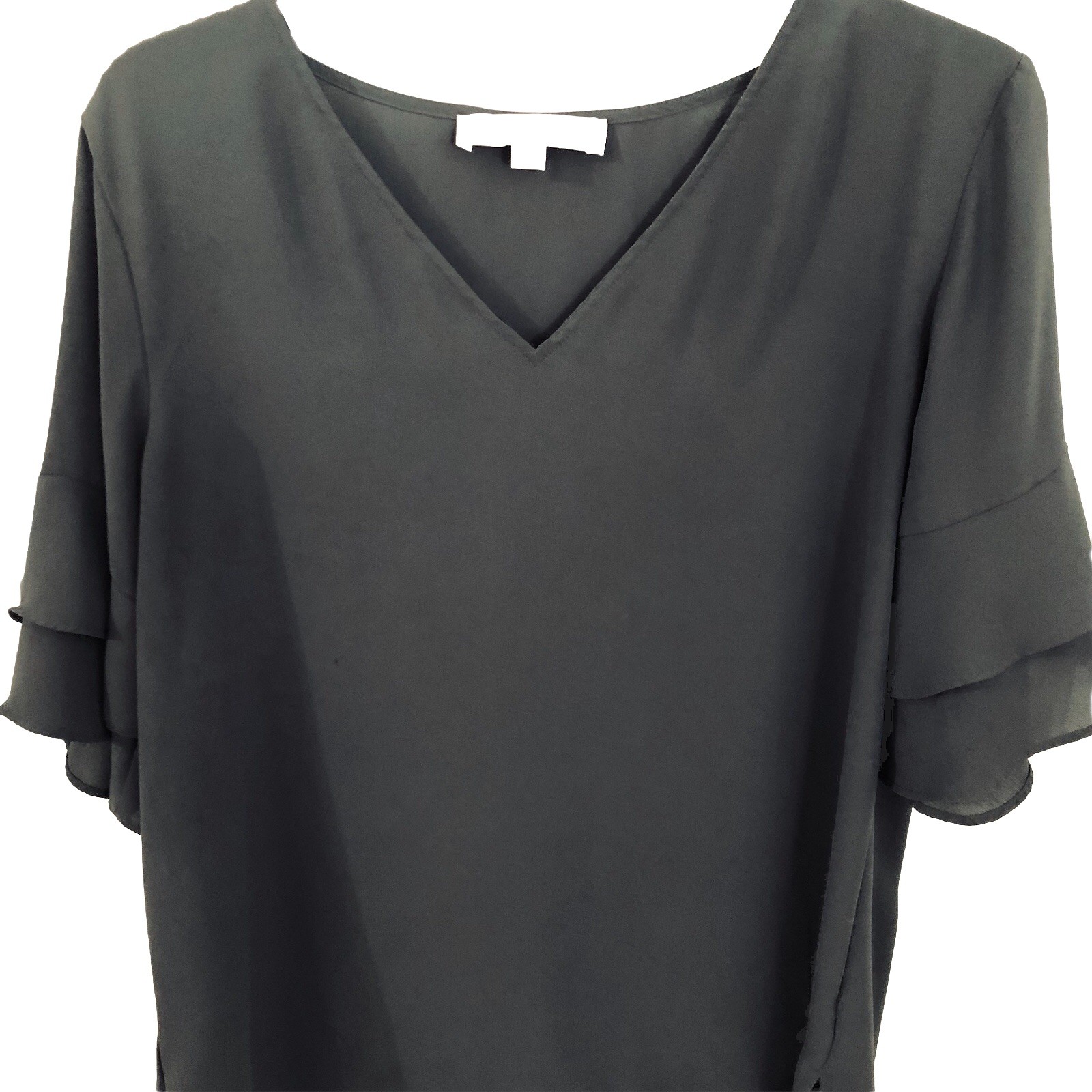 Loft Gray Blouse S,M,L Short Sleeve 2 Ruffles V-Neck Sheer Bust:40” Length:26”